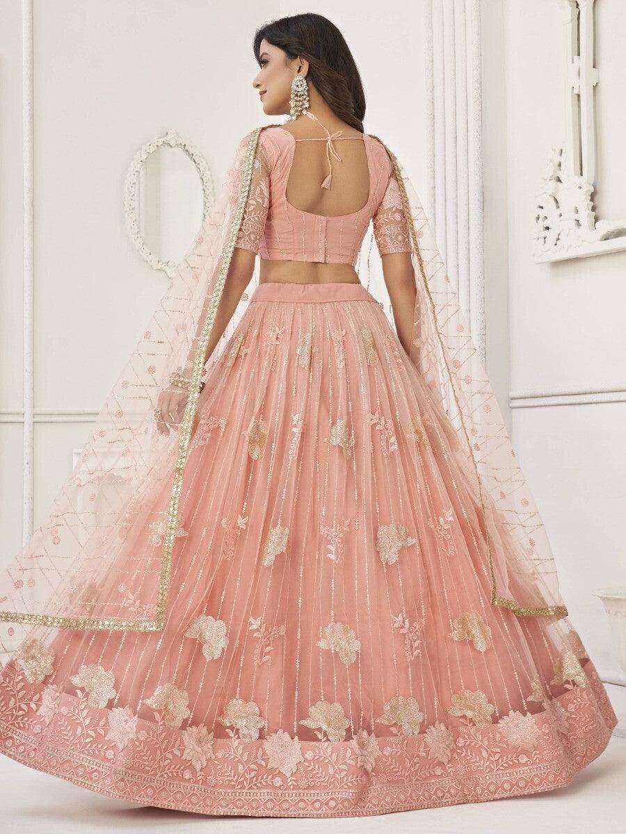 Fantastic Peach Sequins Net Wedding Wear Lehenga Choli With Dupatta - Zeel Clothing