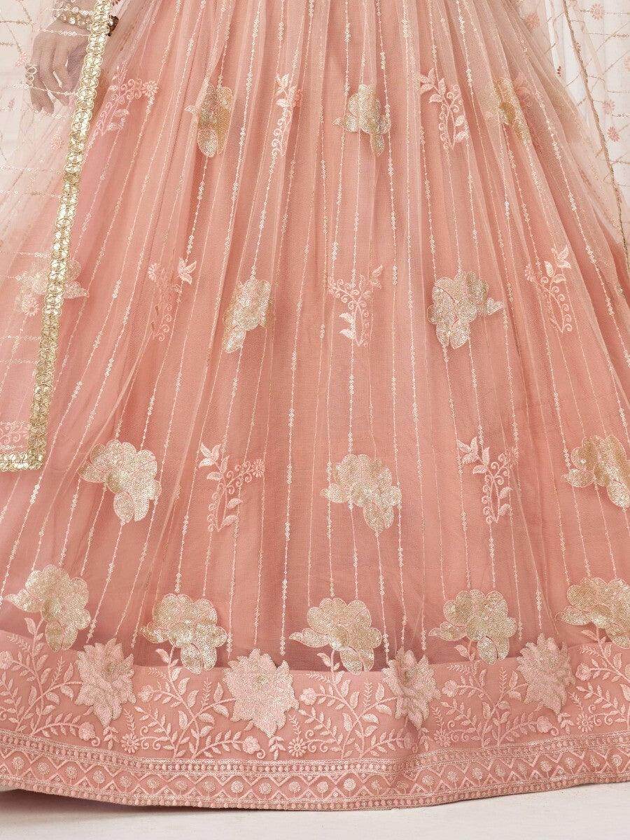 Fantastic Peach Sequins Net Wedding Wear Lehenga Choli With Dupatta - Zeel Clothing