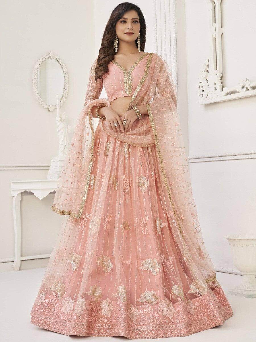 Fantastic Peach Sequins Net Wedding Wear Lehenga Choli With Dupatta - Zeel Clothing