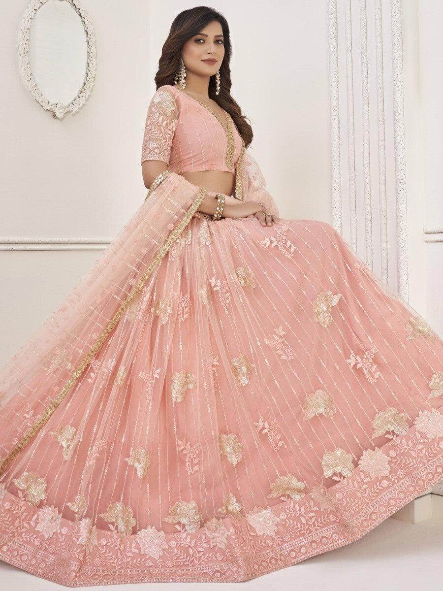 Fantastic Peach Sequins Net Wedding Wear Lehenga Choli With Dupatta - Zeel Clothing