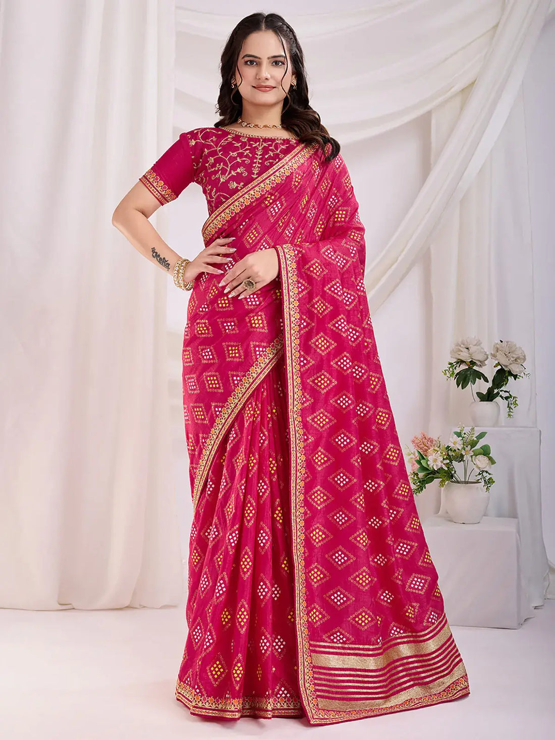 Fantastic Pink Bandhej Printed Silk Traditional Wear Saree - Zeel Clothing