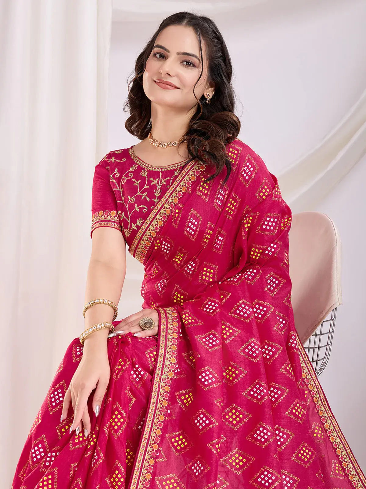 Fantastic Pink Bandhej Printed Silk Traditional Wear Saree - Zeel Clothing