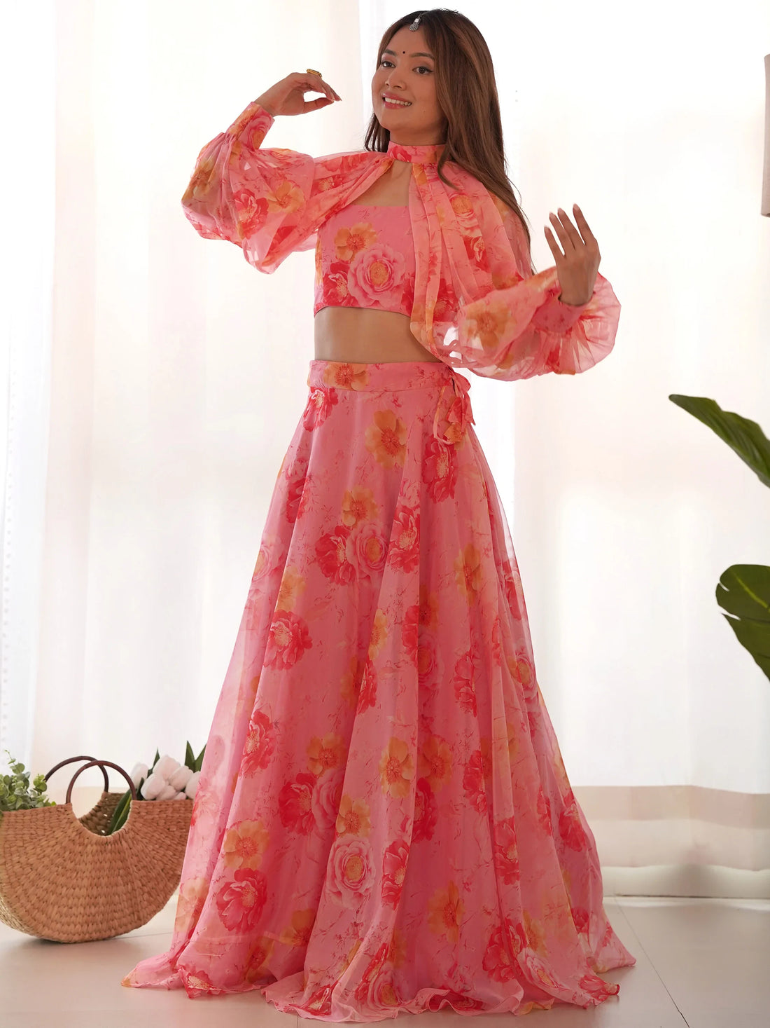 Fantastic Pink Floral Printed Organza Designer Lehenga With Crop Top - Zeel Clothing
