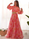 Fantastic Pink Floral Printed Organza Designer Lehenga With Crop Top - Zeel Clothing