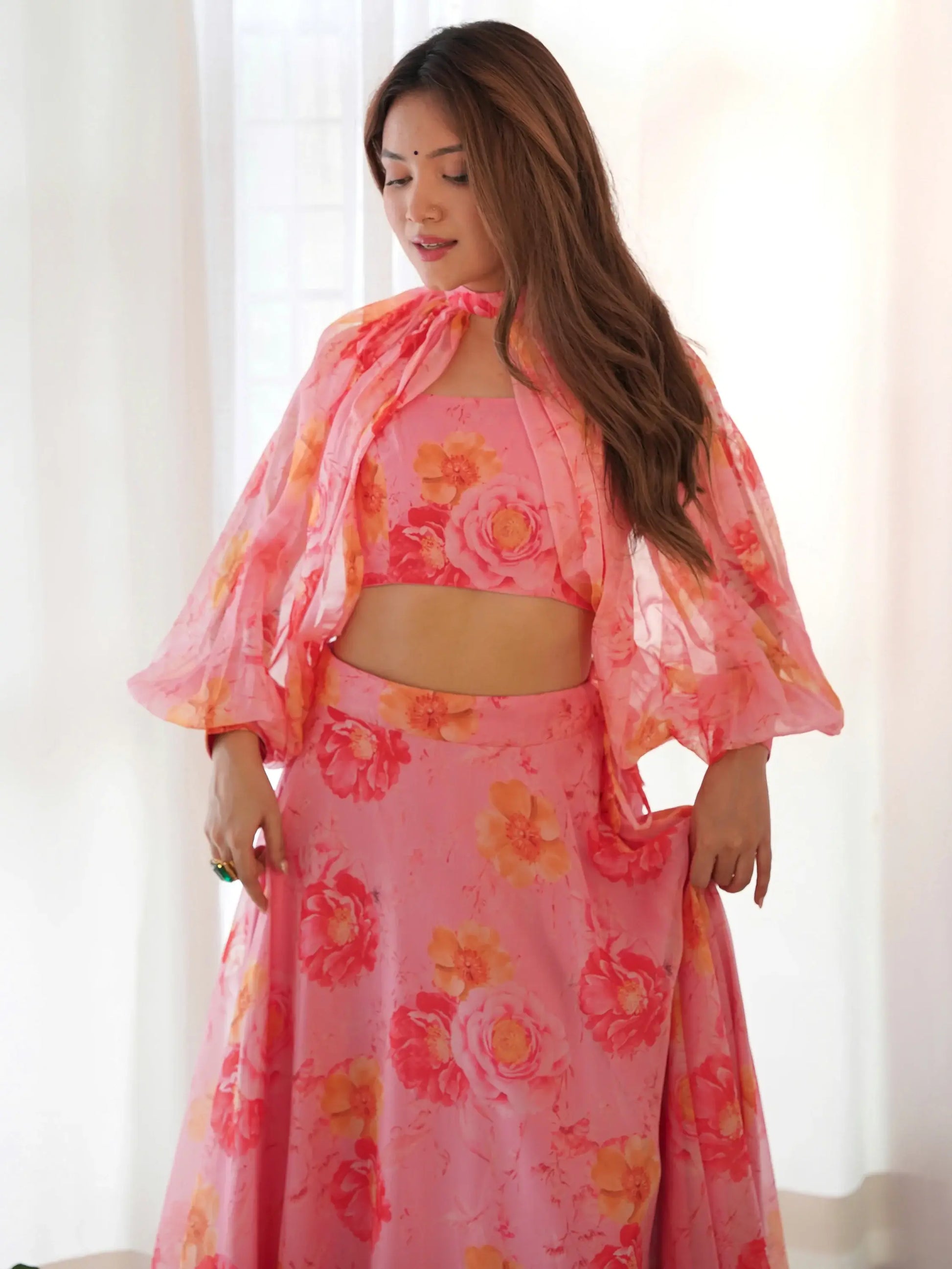 Fantastic Pink Floral Printed Organza Designer Lehenga With Crop Top - Zeel Clothing