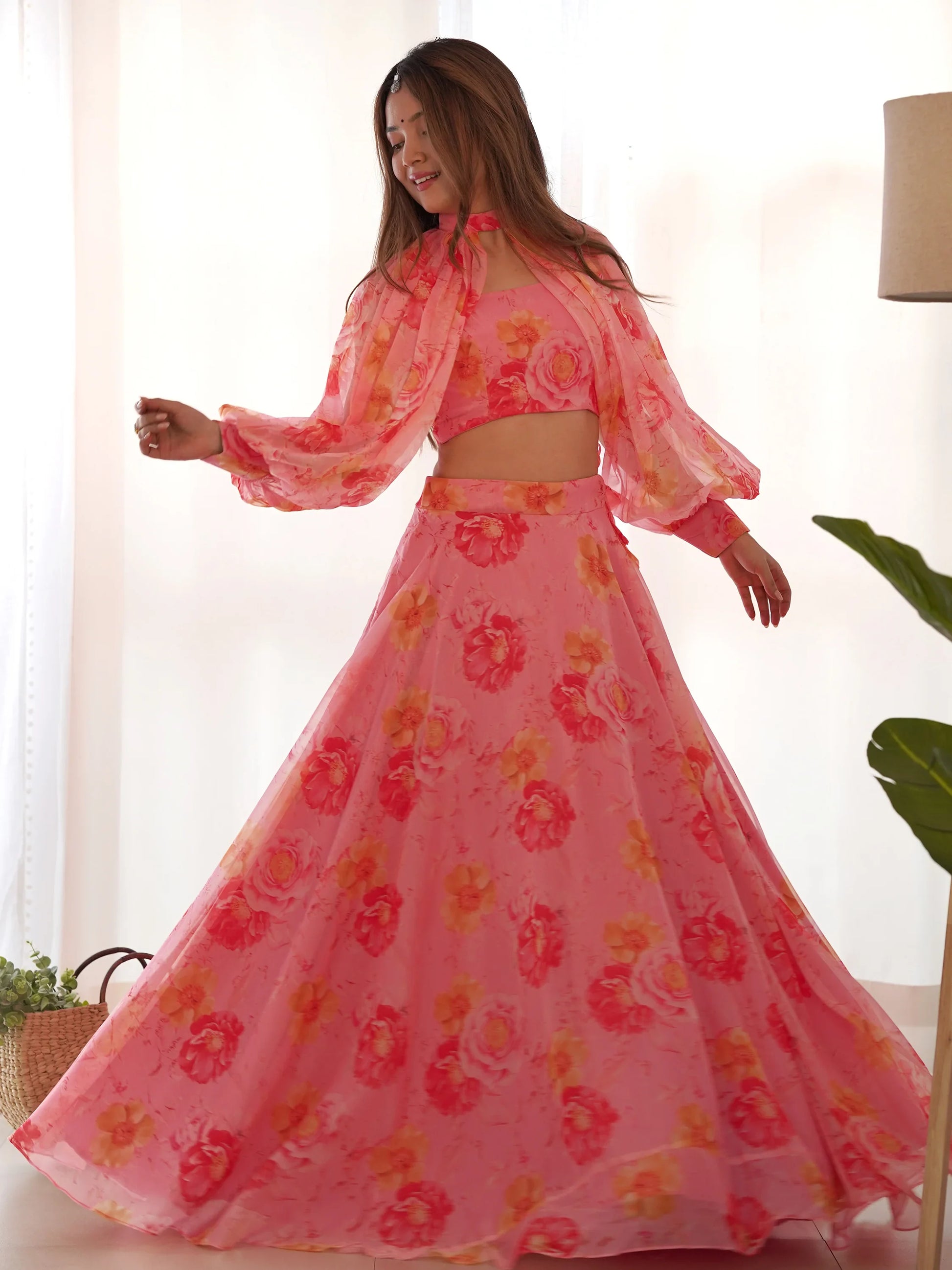 Fantastic Pink Floral Printed Organza Designer Lehenga With Crop Top - Zeel Clothing