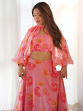 Fantastic Pink Floral Printed Organza Designer Lehenga With Crop Top - Zeel Clothing