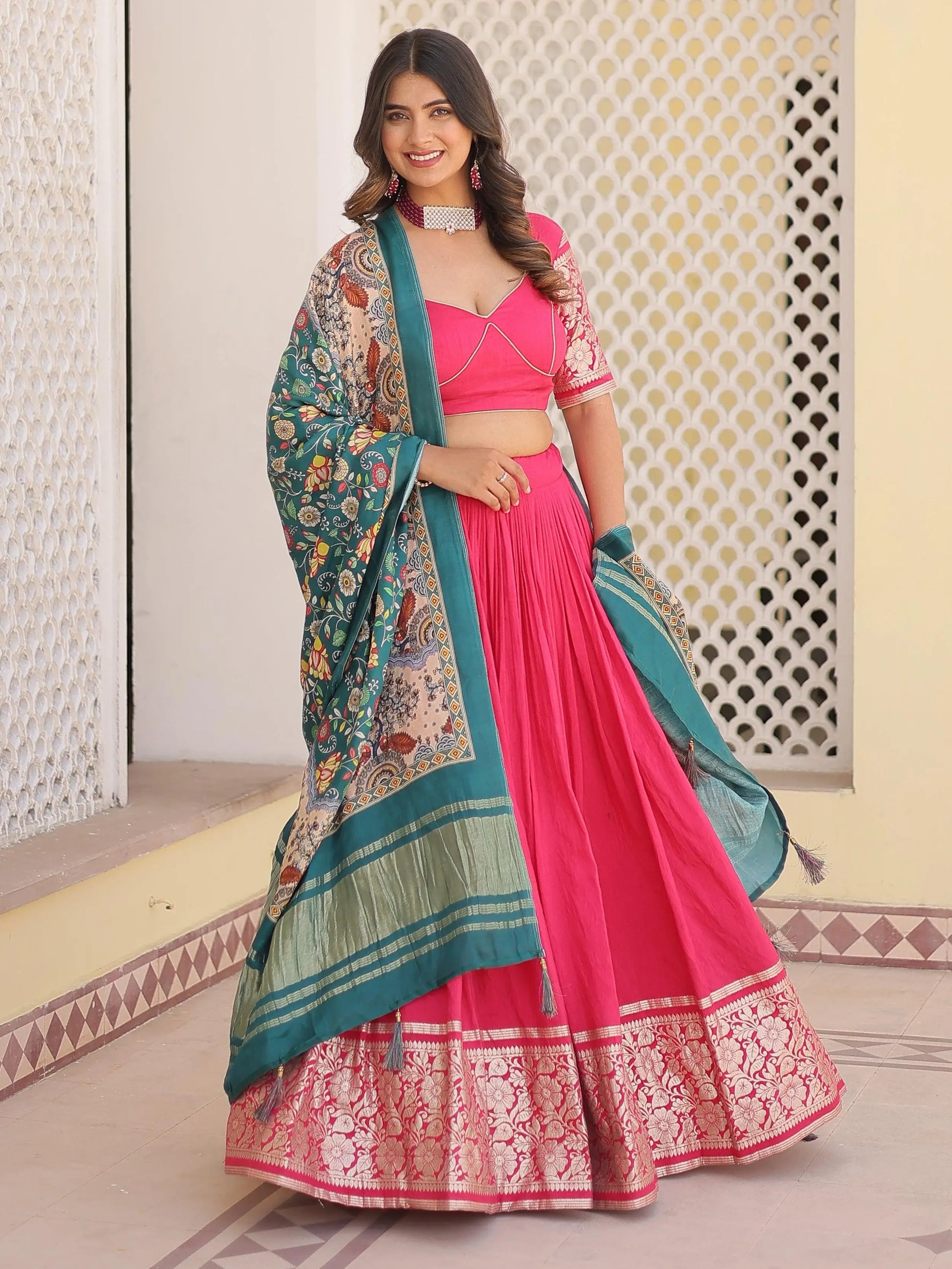 Fantastic Pink Jacquard Sangeet Wear Lehenga Choli With Dupatta - Zeel Clothing