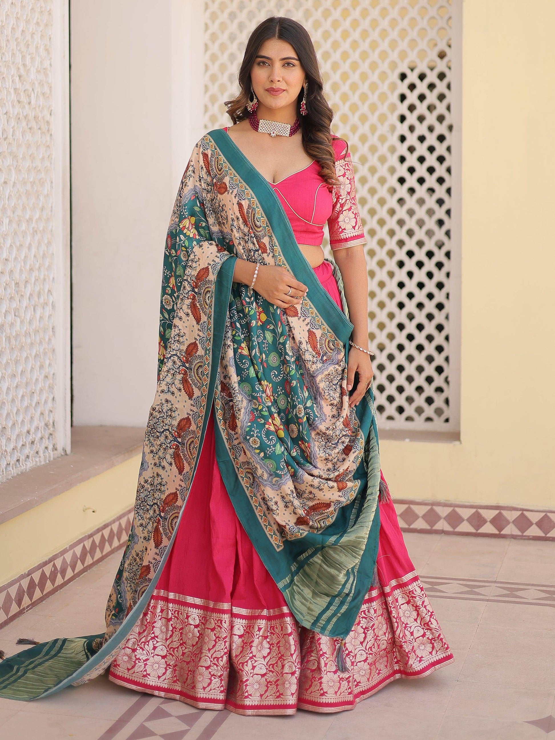 Fantastic Pink Jacquard Sangeet Wear Lehenga Choli With Dupatta - Zeel Clothing