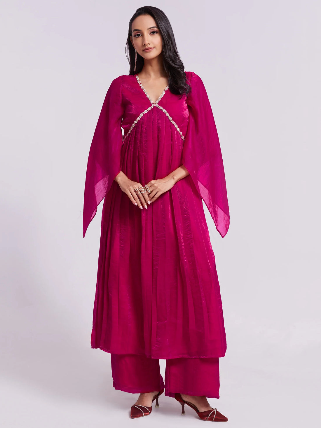 Fantastic Pink Lace Work Organza Party Wear Kurta With Palazzo - Zeel Clothing