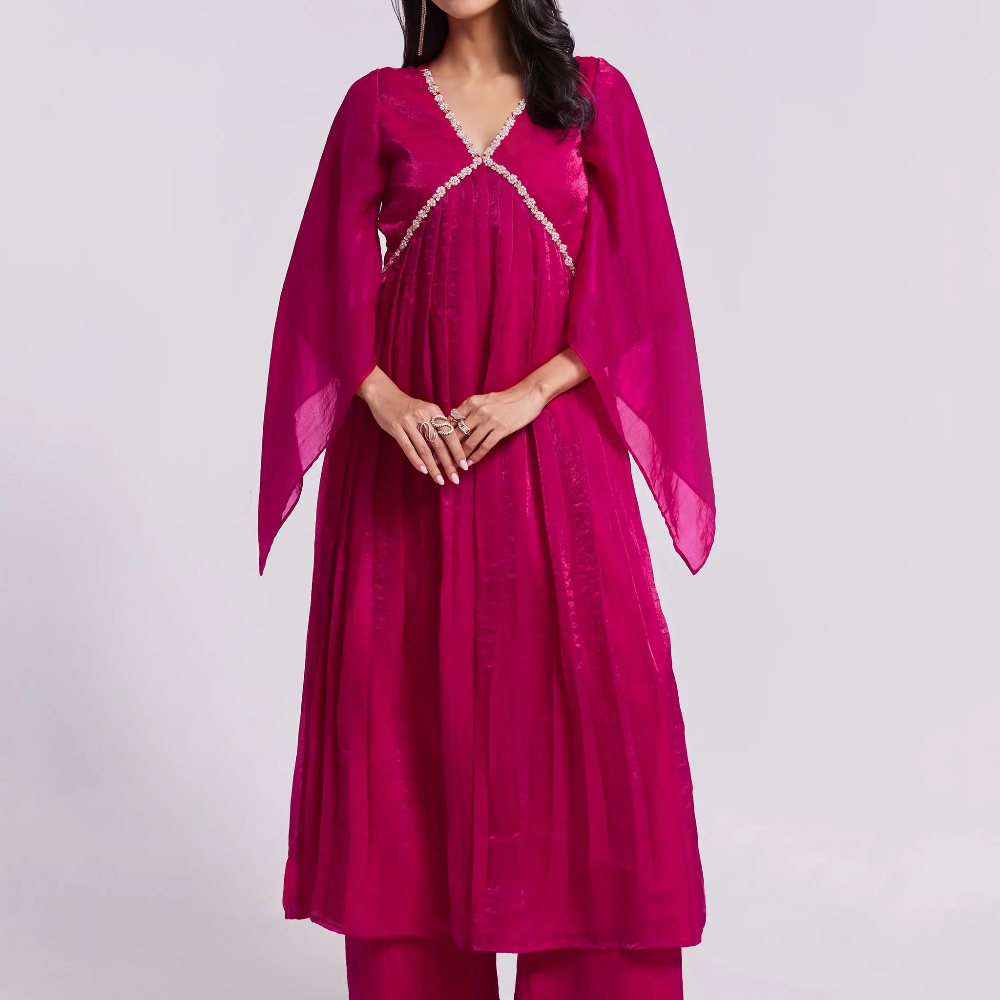 Fantastic Pink Lace Work Organza Party Wear Kurta With Palazzo - Zeel Clothing