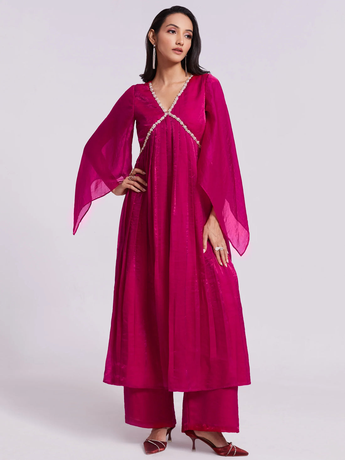 Fantastic Pink Lace Work Organza Party Wear Kurta With Palazzo - Zeel Clothing