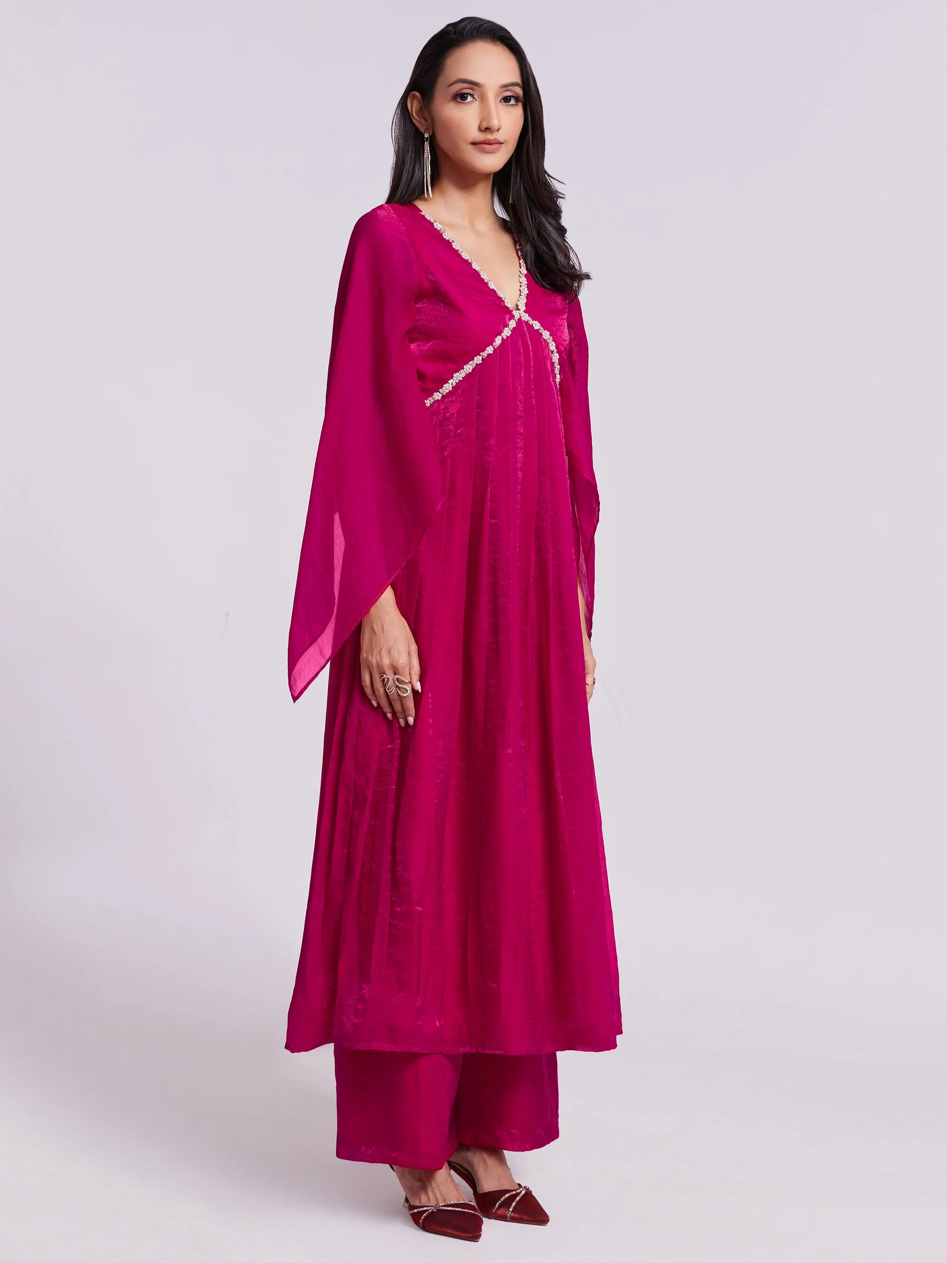 Fantastic Pink Lace Work Organza Party Wear Kurta With Palazzo - Zeel Clothing