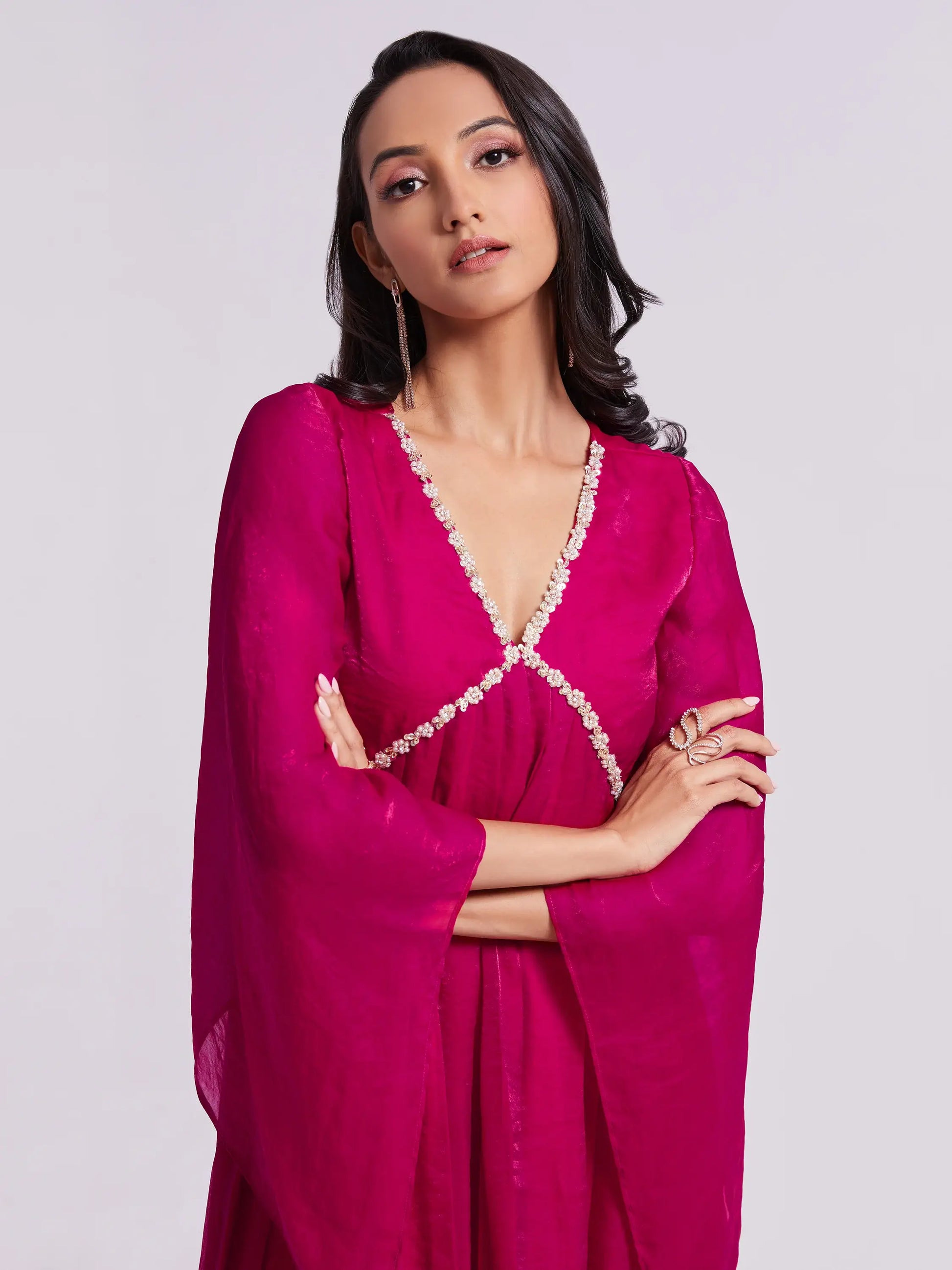 Fantastic Pink Lace Work Organza Party Wear Kurta With Palazzo - Zeel Clothing
