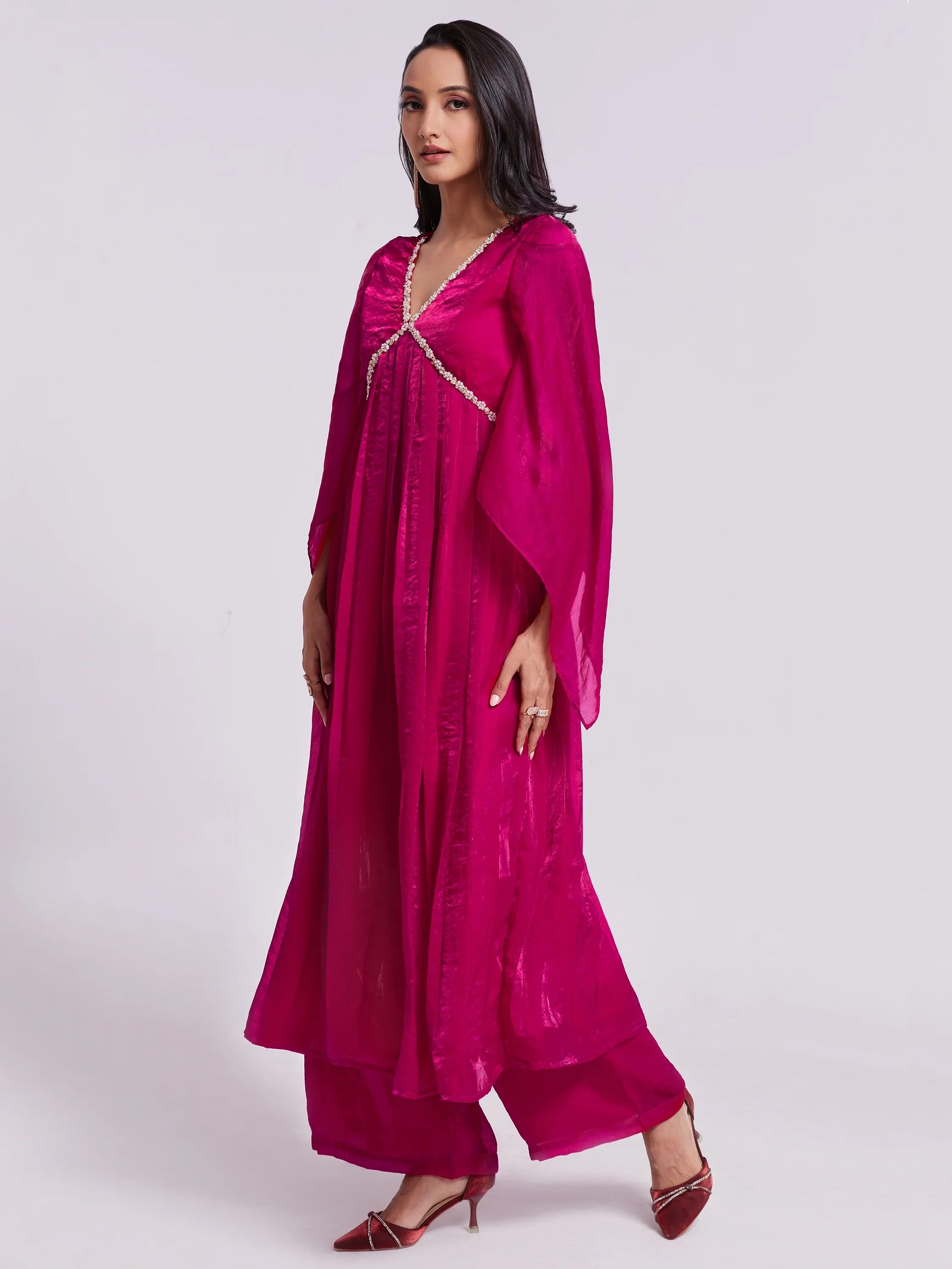 Fantastic Pink Lace Work Organza Party Wear Kurta With Palazzo - Zeel Clothing