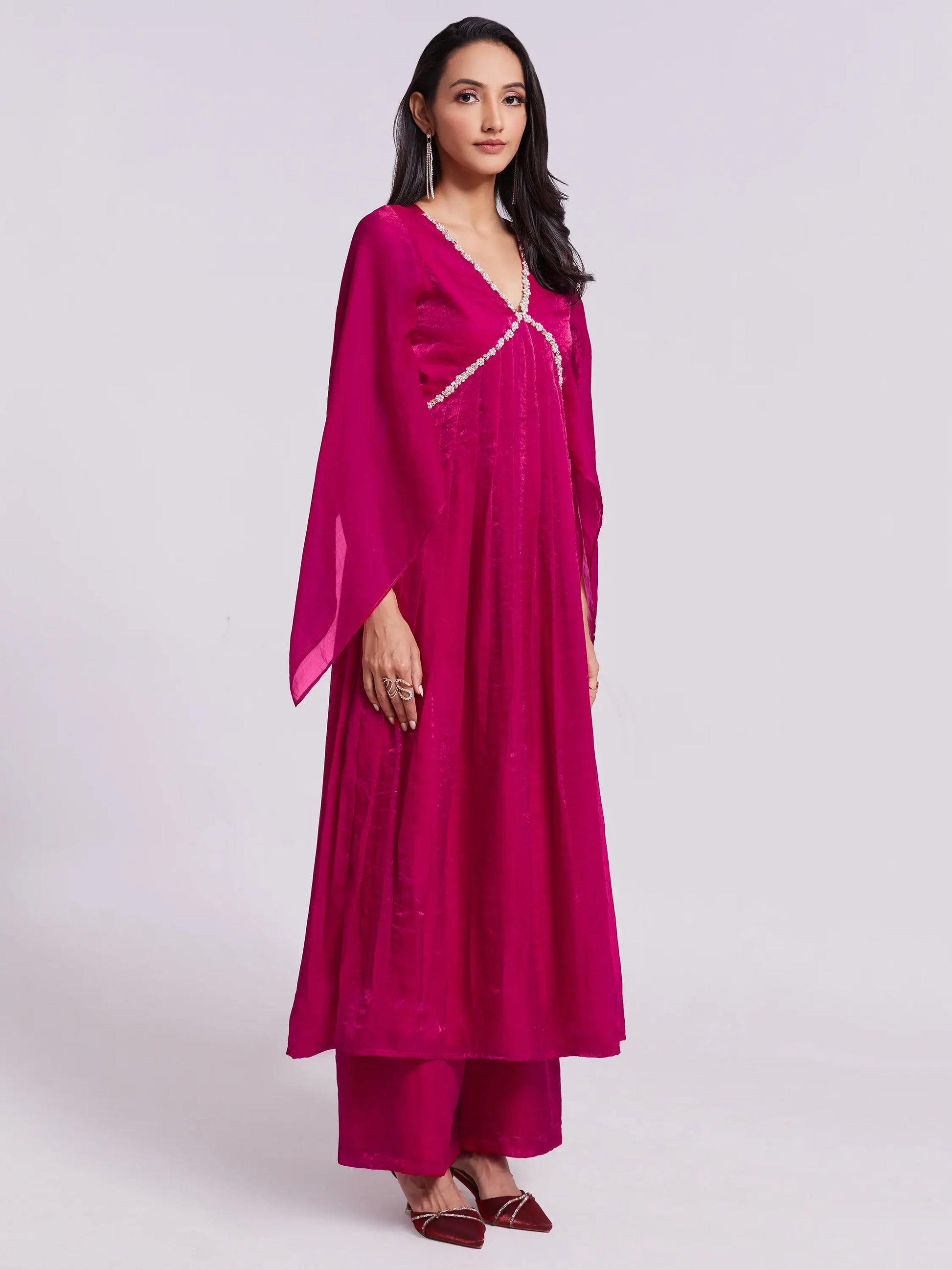 Fantastic Pink Lace Work Organza Party Wear Kurta With Palazzo - Zeel Clothing