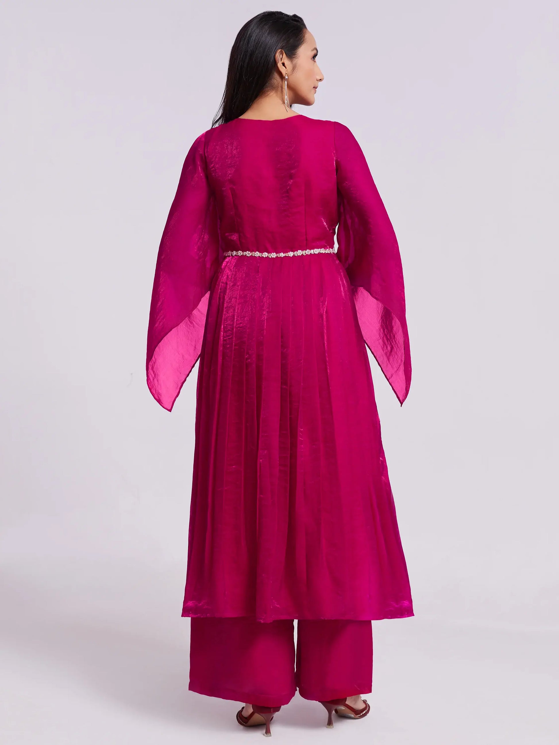 Fantastic Pink Lace Work Organza Party Wear Kurta With Palazzo - Zeel Clothing