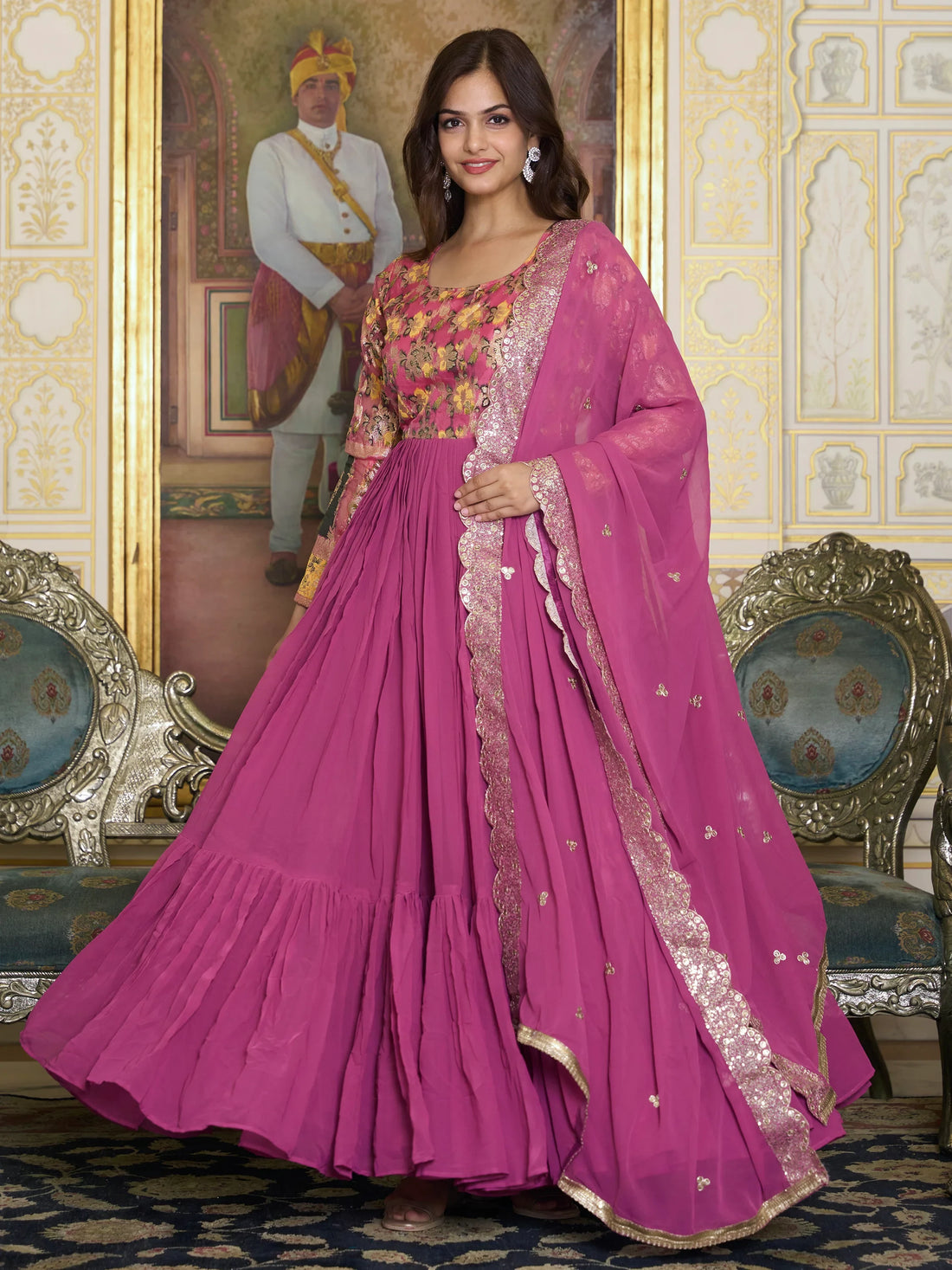 Fantastic Pink Zari Weaving Georgette Festival Wear Gown - Zeel Clothing