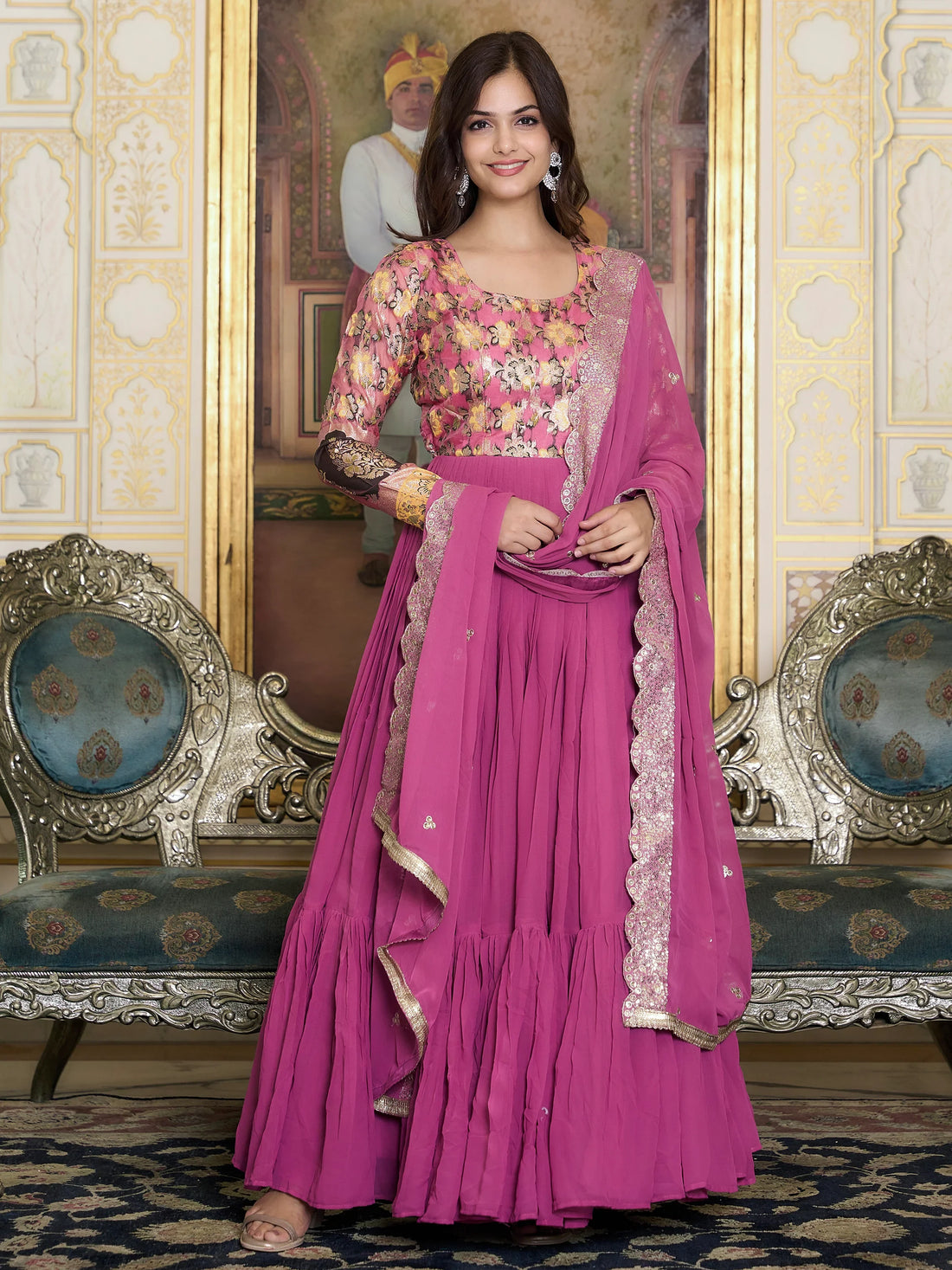 Fantastic Pink Zari Weaving Georgette Festival Wear Gown - Zeel Clothing