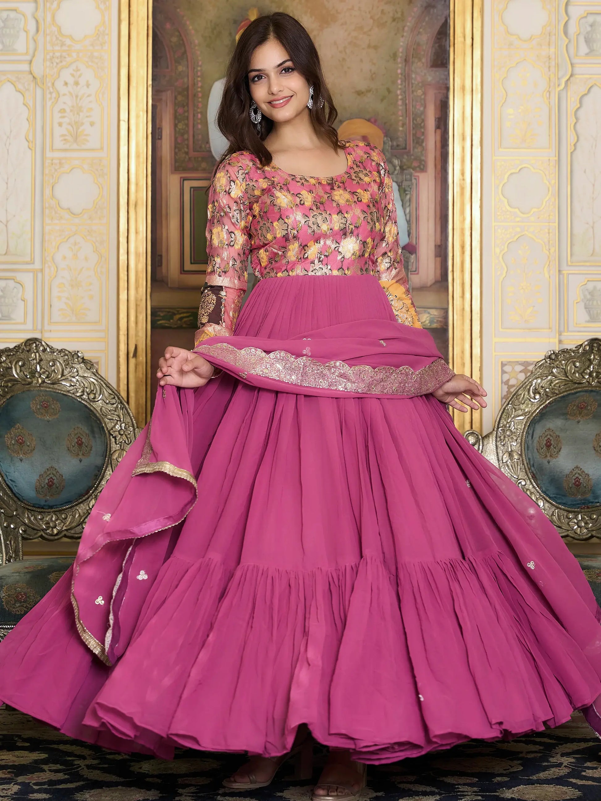 Fantastic Pink Zari Weaving Georgette Festival Wear Gown - Zeel Clothing