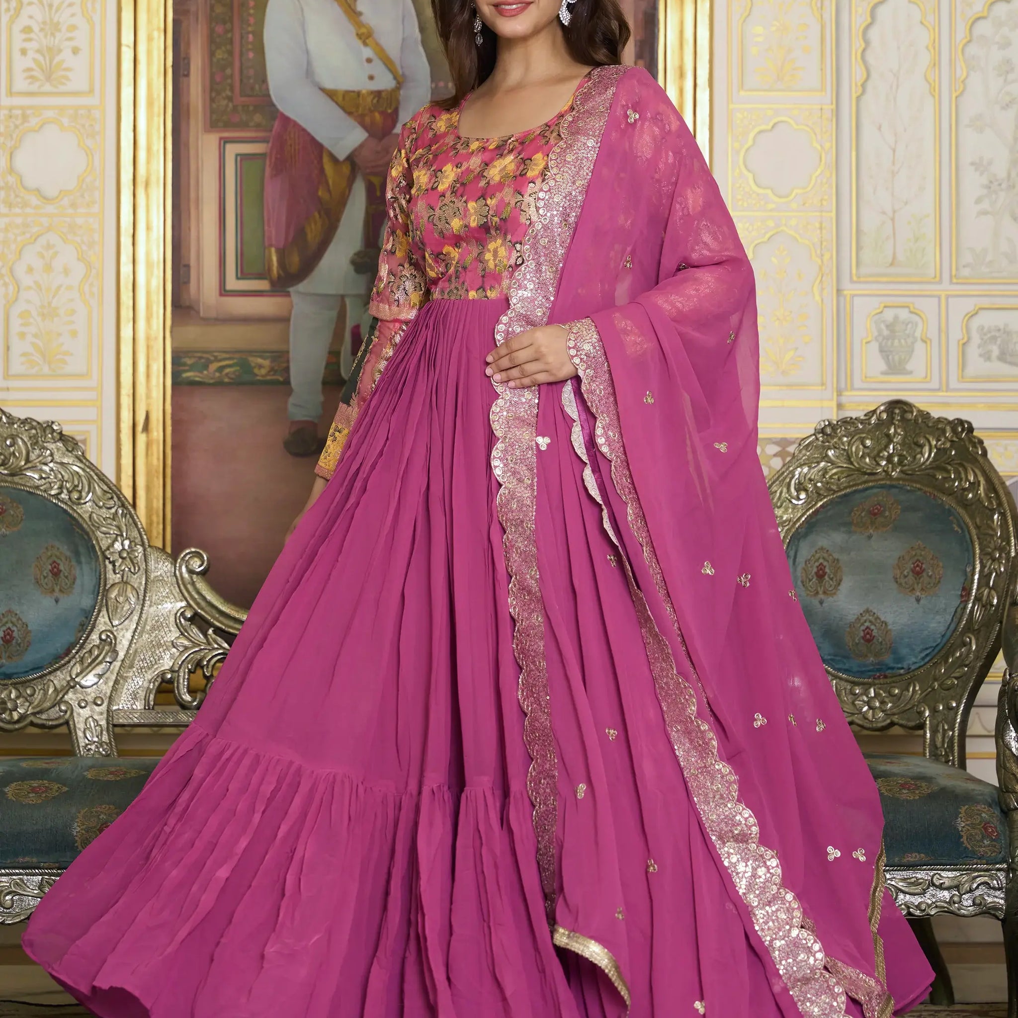 Fantastic Pink Zari Weaving Georgette Festival Wear Gown - Zeel Clothing