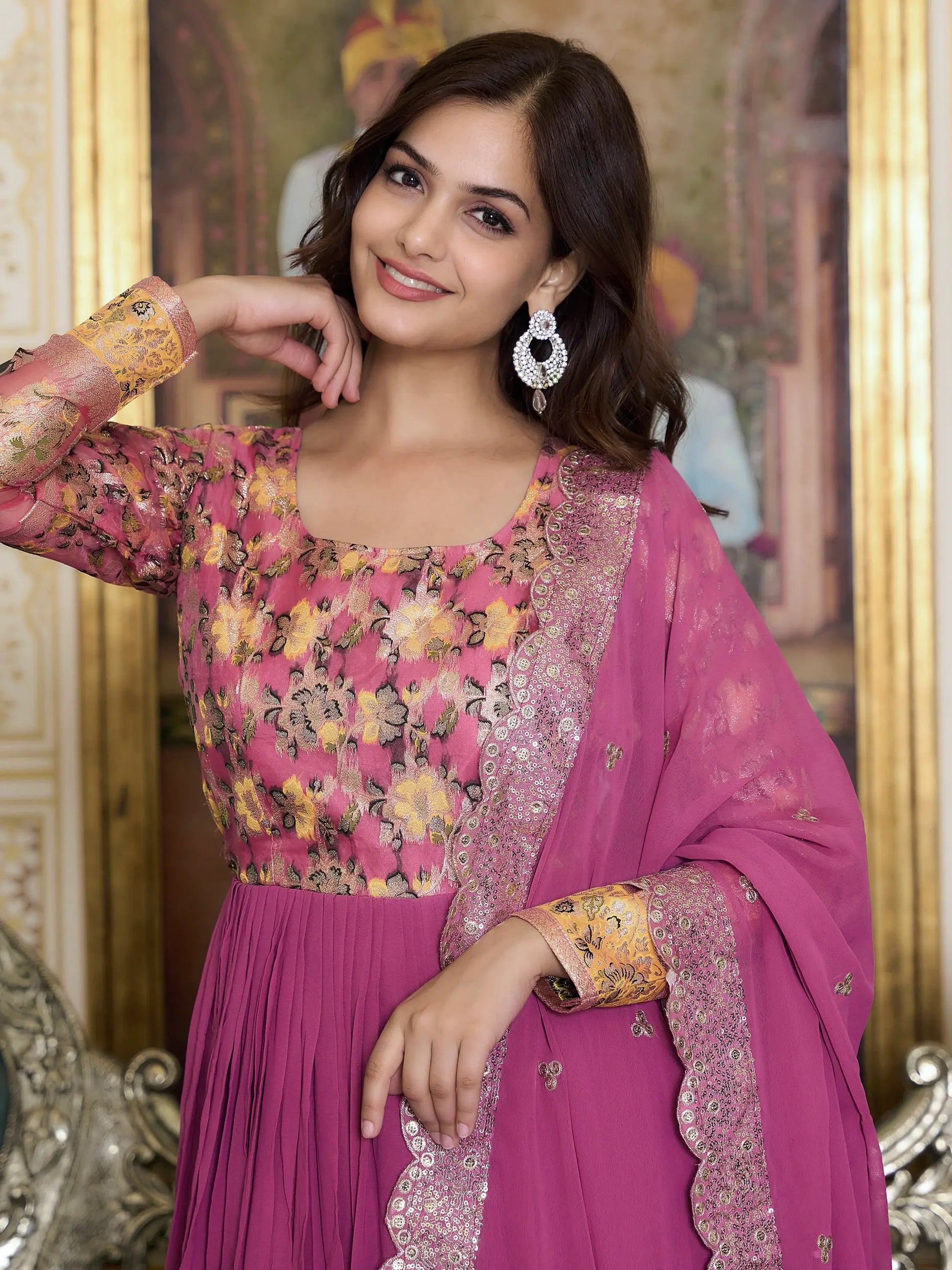 Fantastic Pink Zari Weaving Georgette Festival Wear Gown - Zeel Clothing