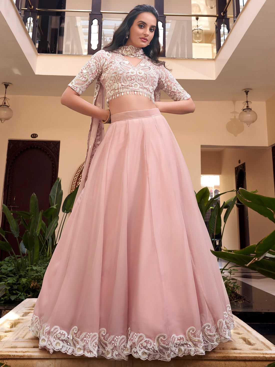 Fantastic Powder Pink Sequins Silk Sangeet Wear Lehenga Choli - Zeel Clothing