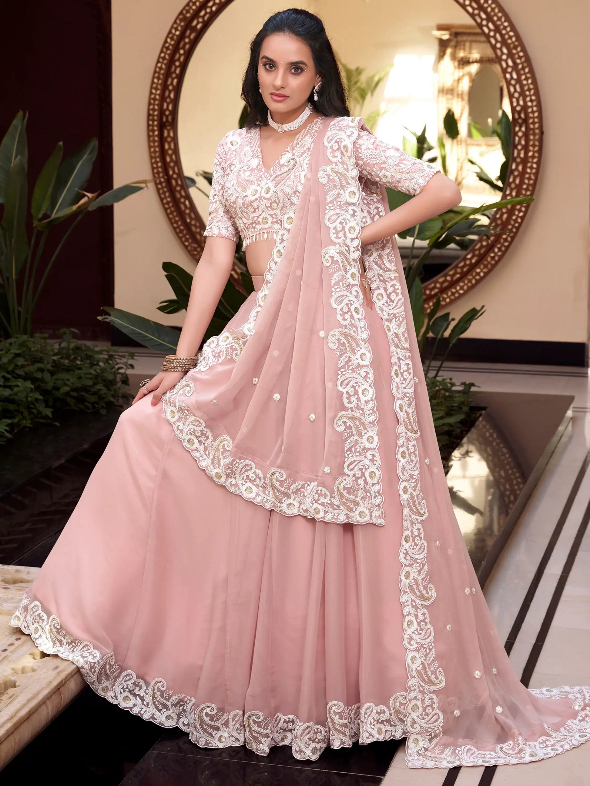 Fantastic Powder Pink Sequins Silk Sangeet Wear Lehenga Choli - Zeel Clothing