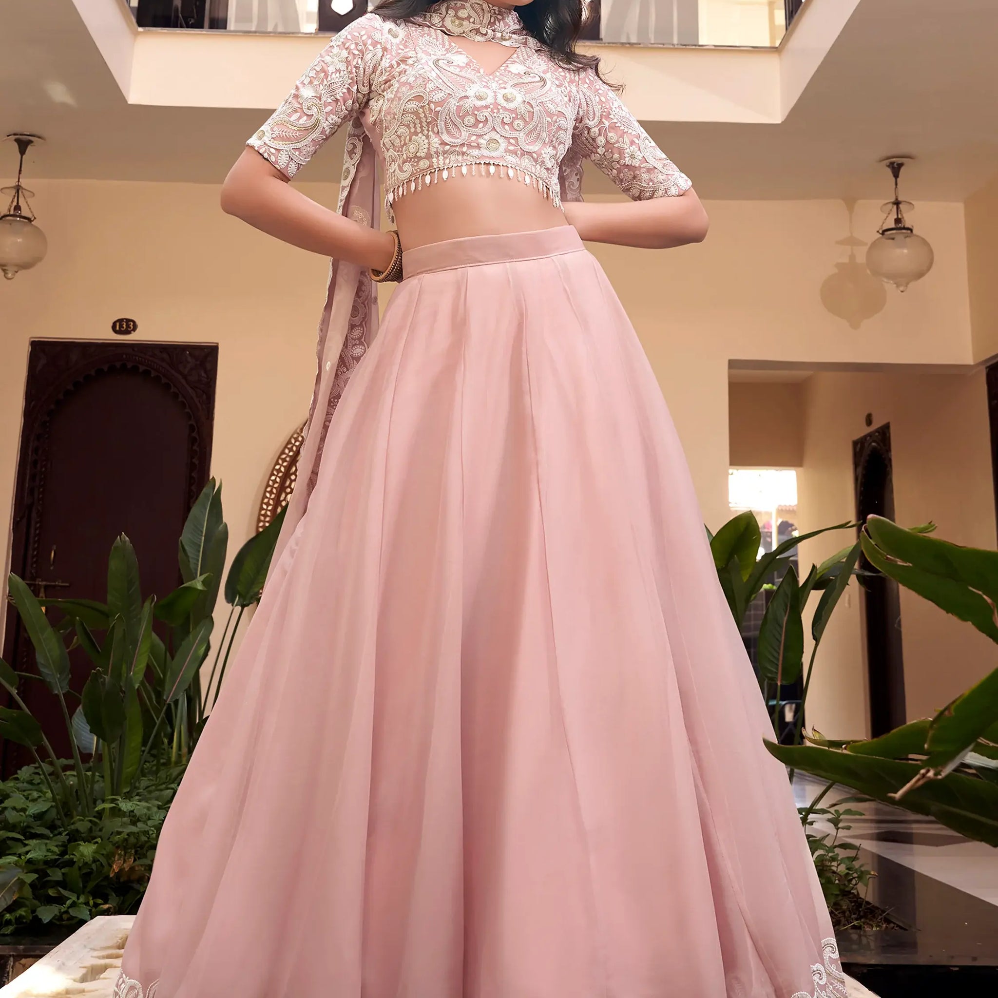 Fantastic Powder Pink Sequins Silk Sangeet Wear Lehenga Choli - Zeel Clothing