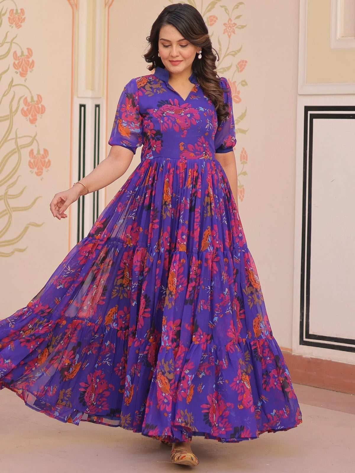 Fantastic Purple Printed Georgette Festive Wear Gown - Zeel Clothing