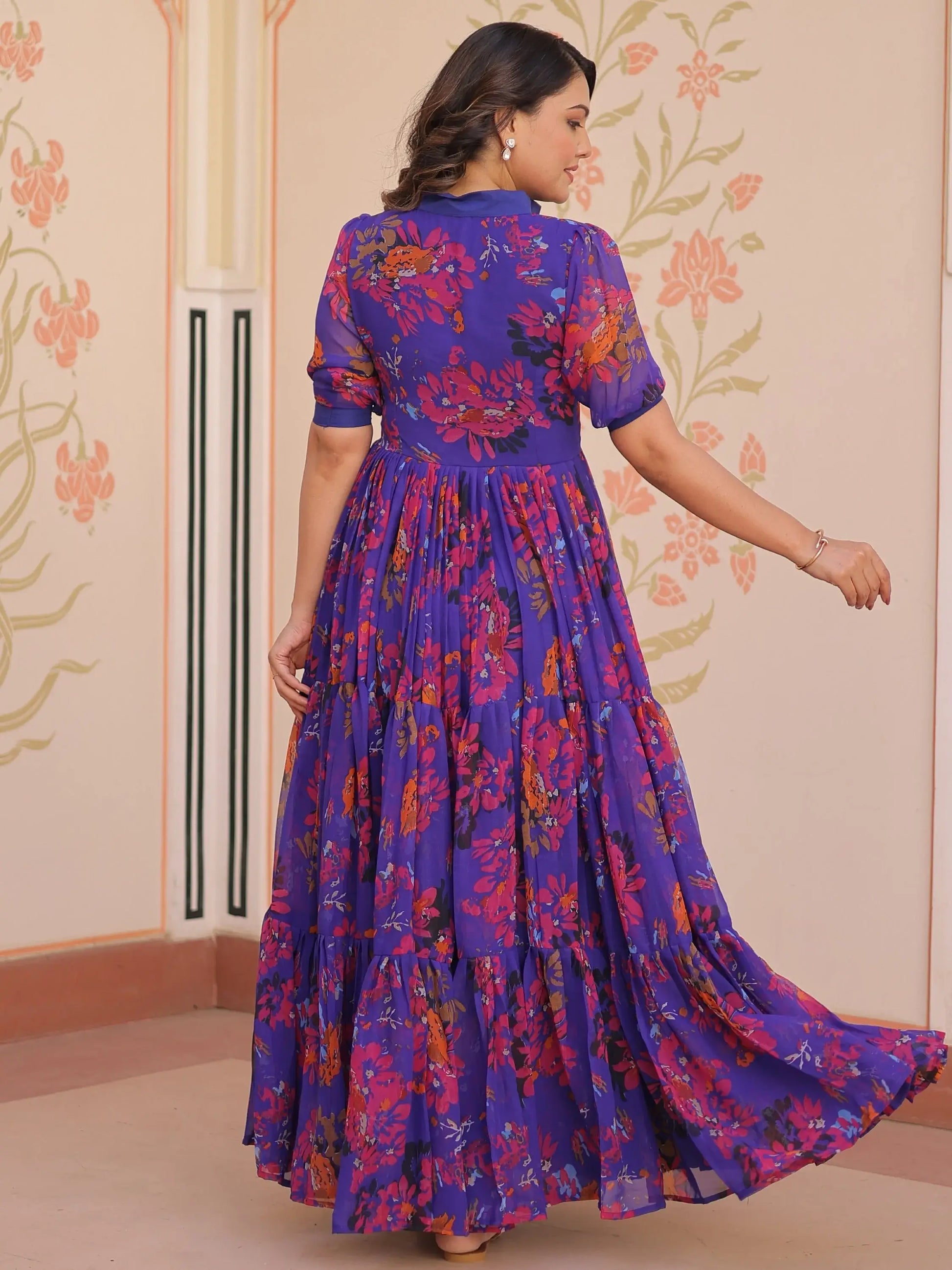 Fantastic Purple Printed Georgette Festive Wear Gown - Zeel Clothing