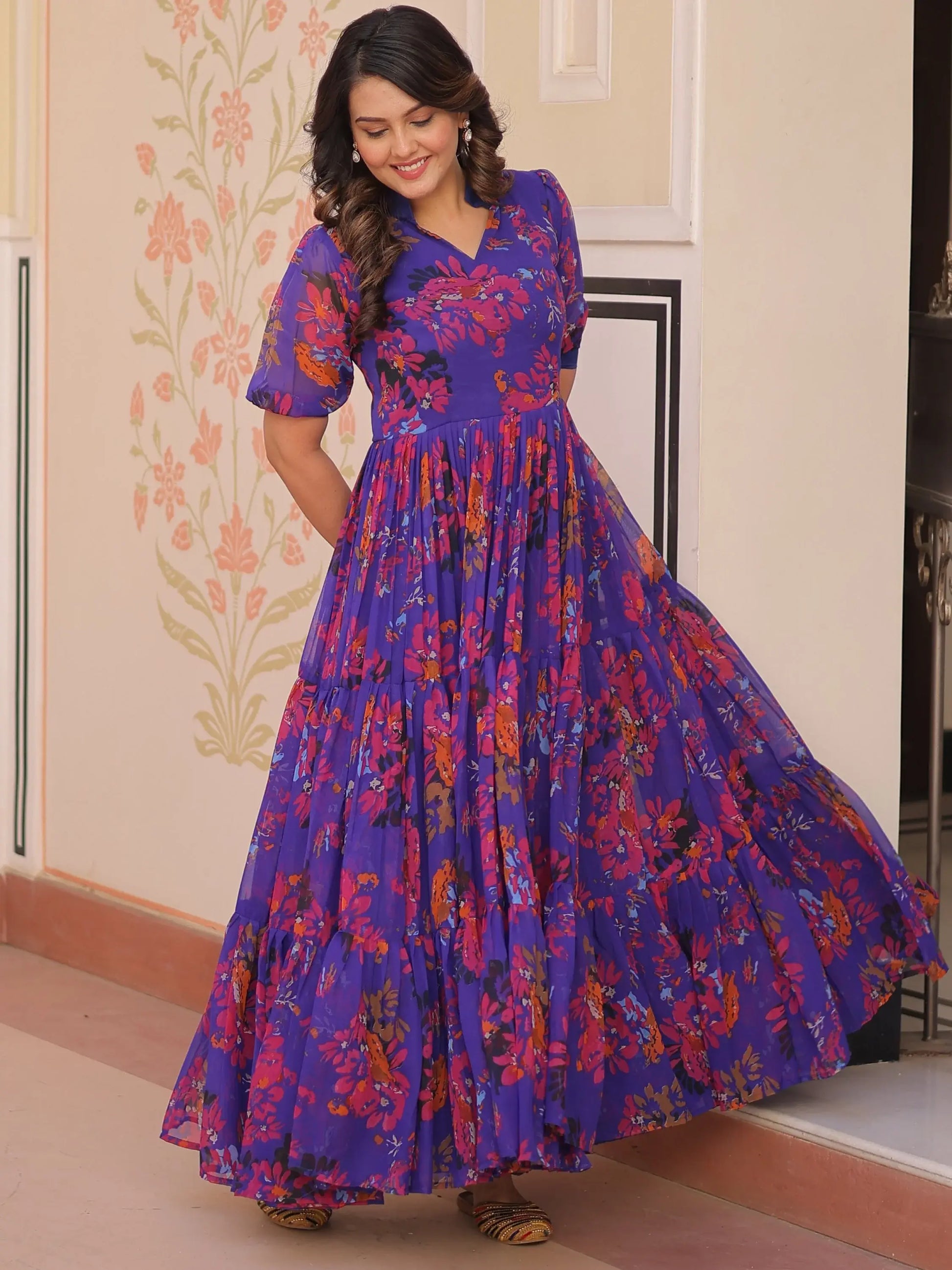 Fantastic Purple Printed Georgette Festive Wear Gown - Zeel Clothing