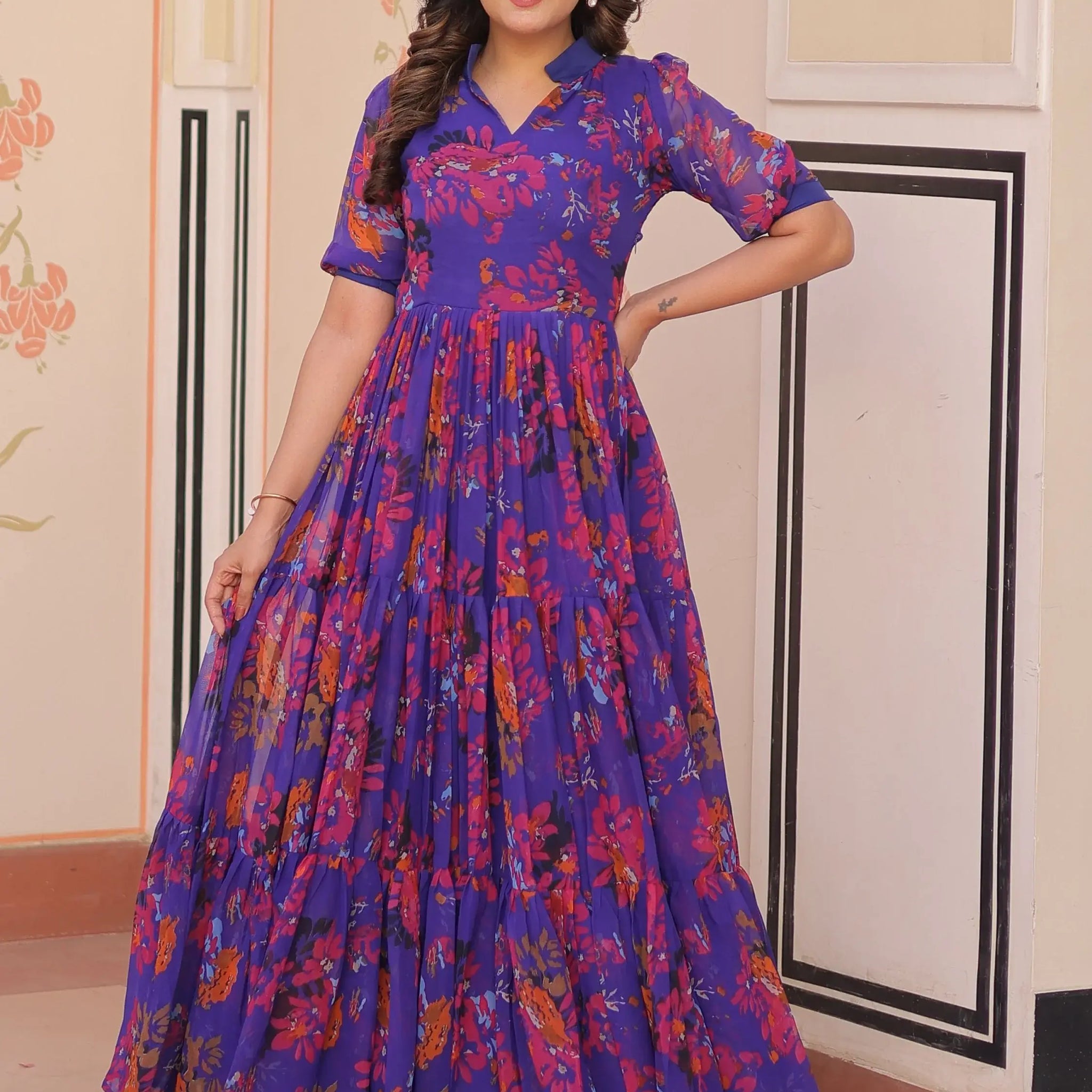 Fantastic Purple Printed Georgette Festive Wear Gown - Zeel Clothing