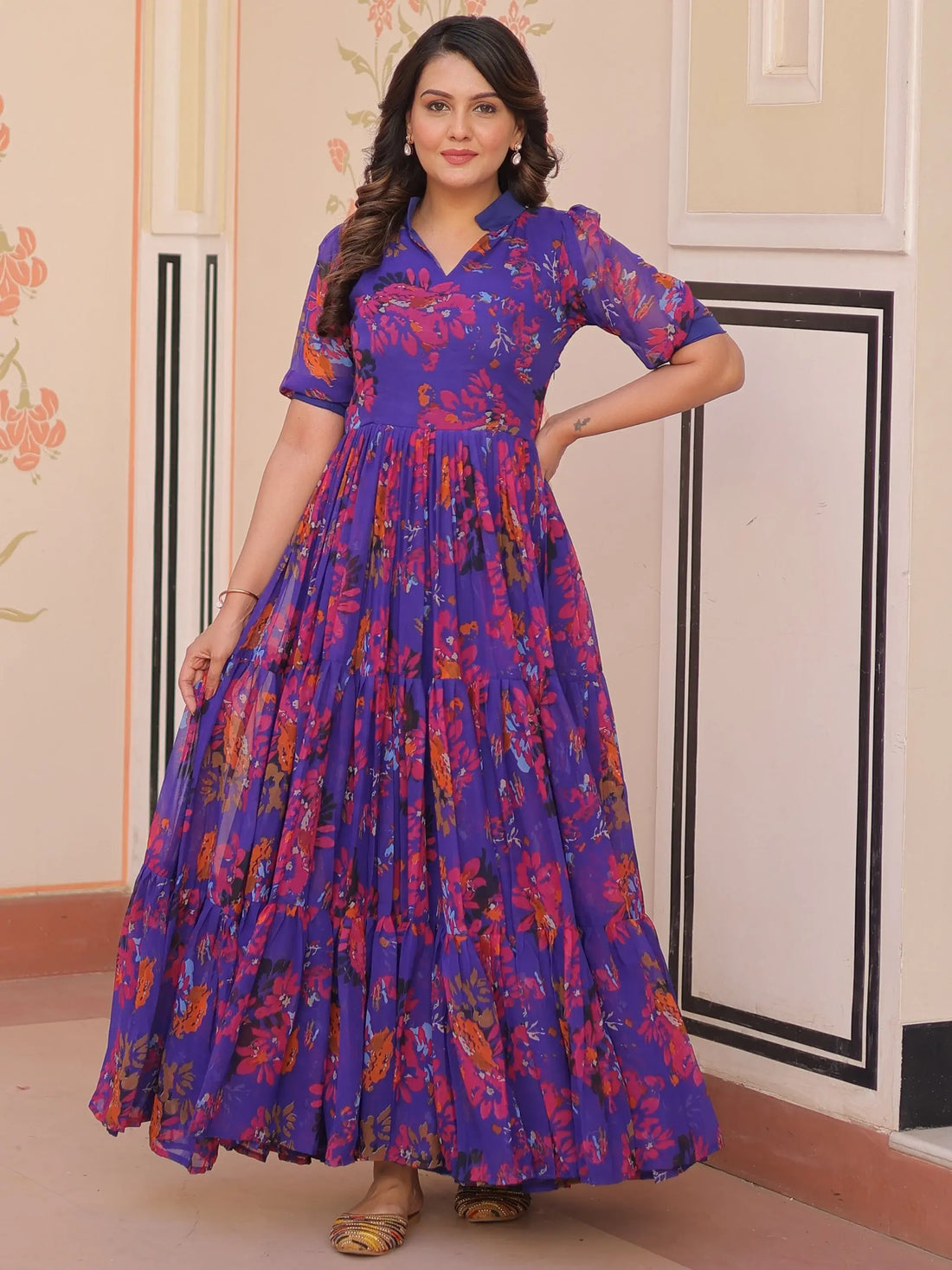 Fantastic Purple Printed Georgette Festive Wear Gown - Zeel Clothing