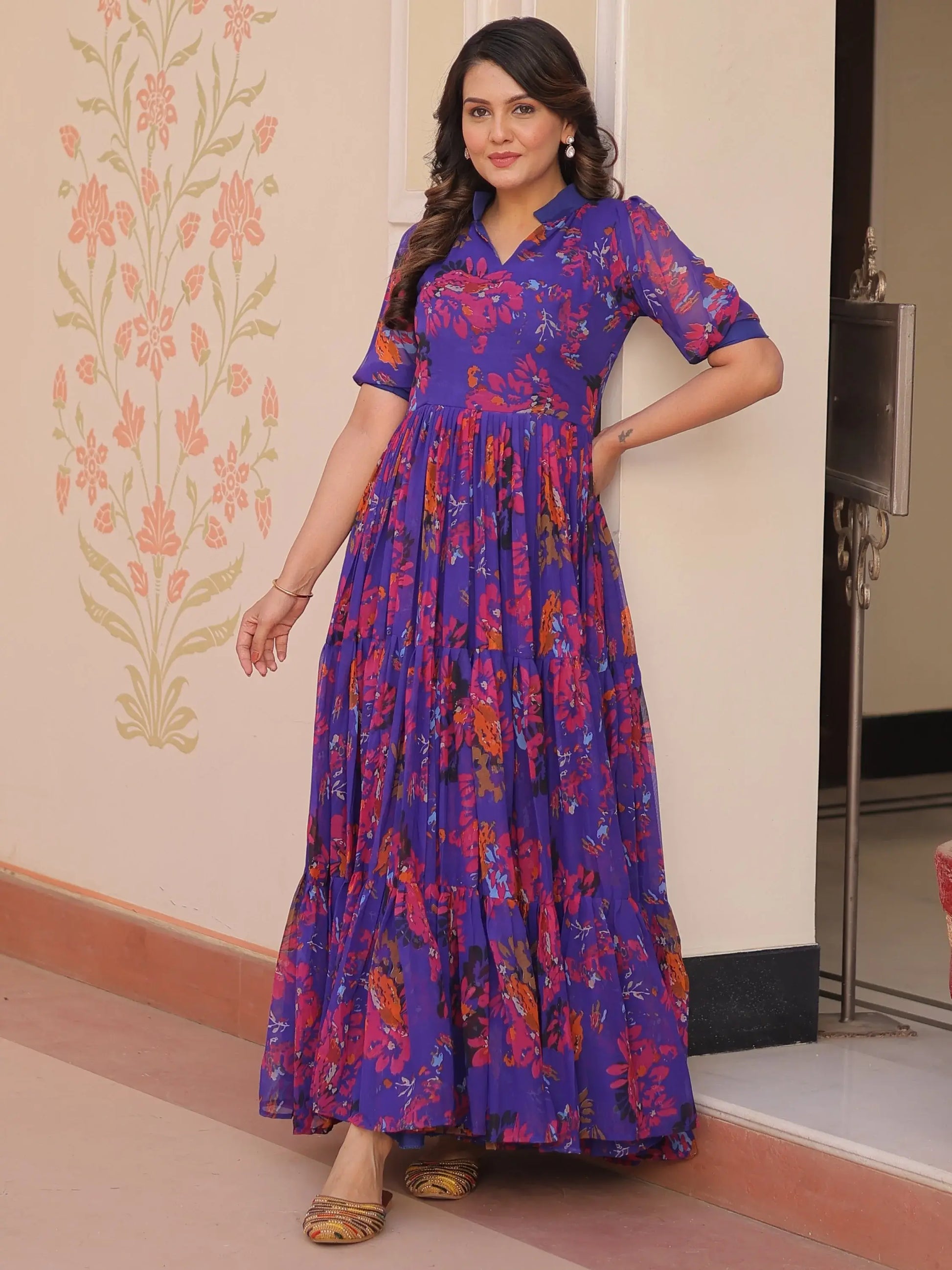 Fantastic Purple Printed Georgette Festive Wear Gown - Zeel Clothing