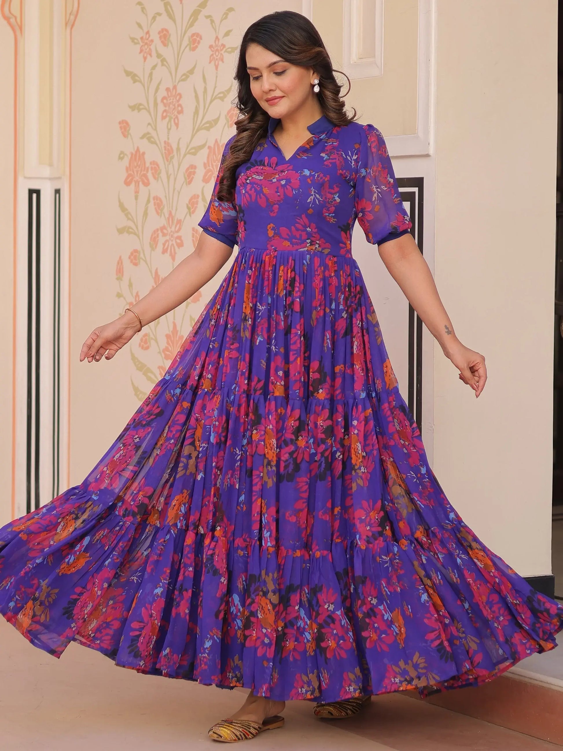 Fantastic Purple Printed Georgette Festive Wear Gown - Zeel Clothing