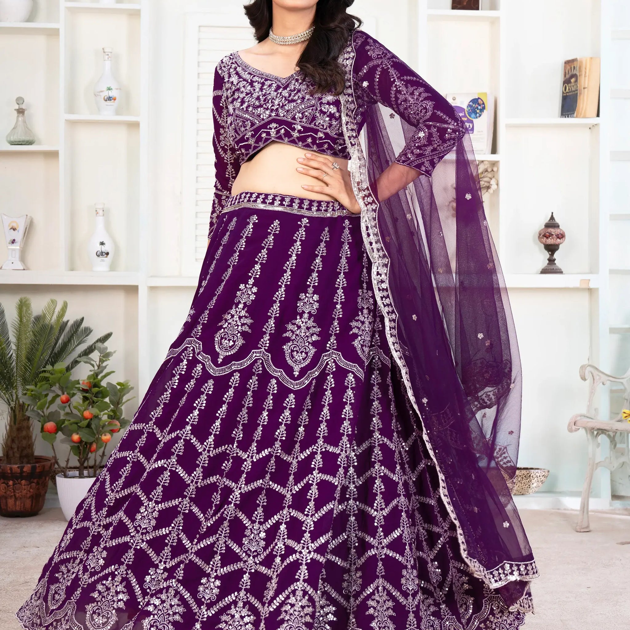 Fantastic Purple Sequins Georgette Wedding Lehenga Choli With Dupatta - Zeel Clothing