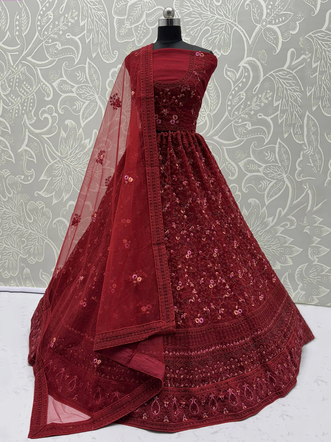 Fantastic Red Floral Embroidered Net Bridal Lehenga Choli With Dupatta - Zeel Clothing