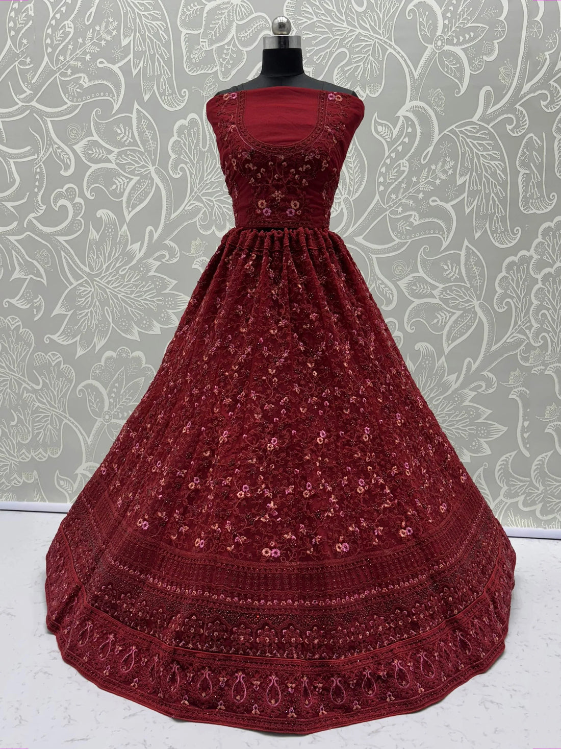 Fantastic Red Floral Embroidered Net Bridal Lehenga Choli With Dupatta - Zeel Clothing