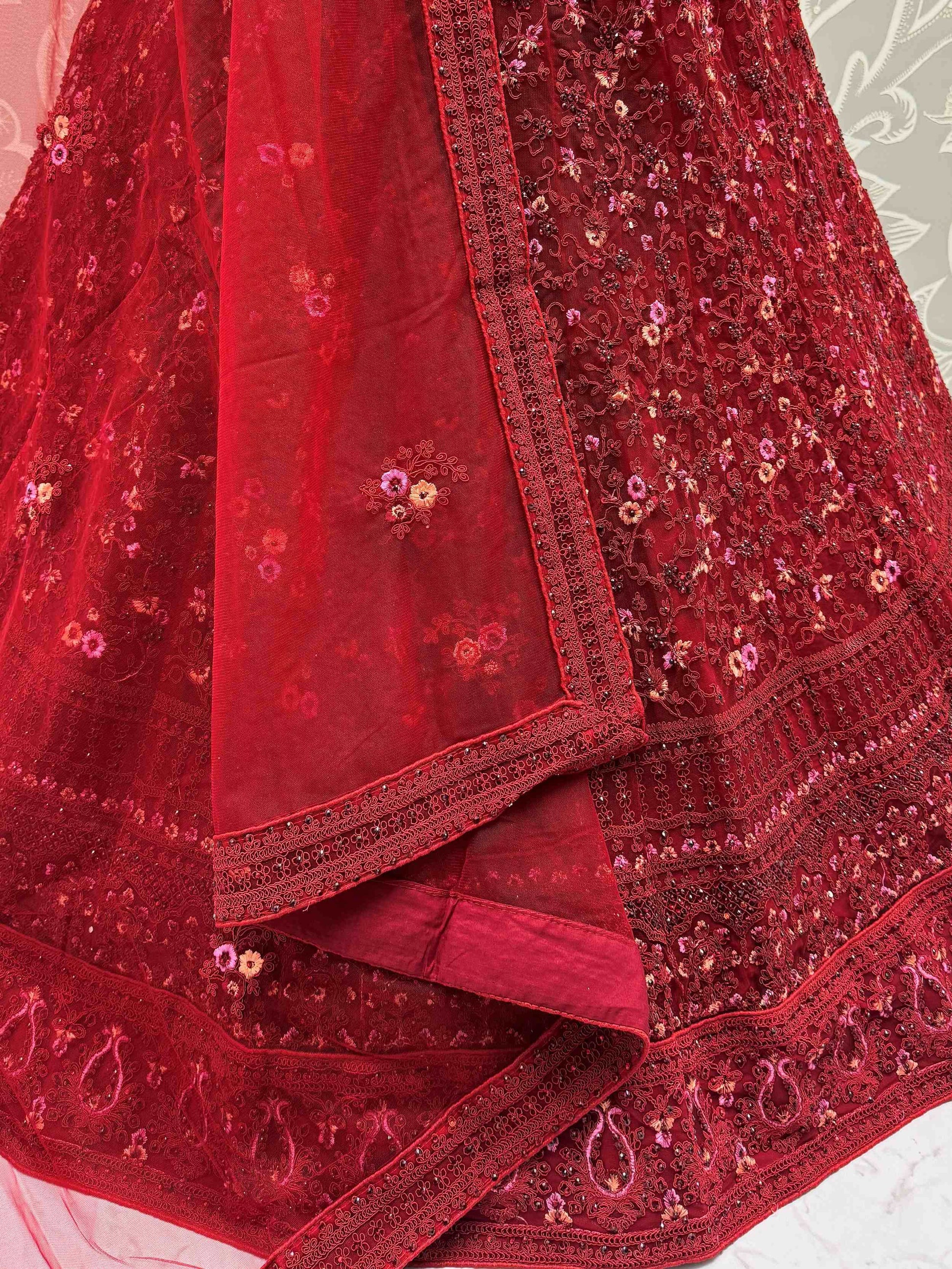 Fantastic Red Floral Embroidered Net Bridal Lehenga Choli With Dupatta - Zeel Clothing