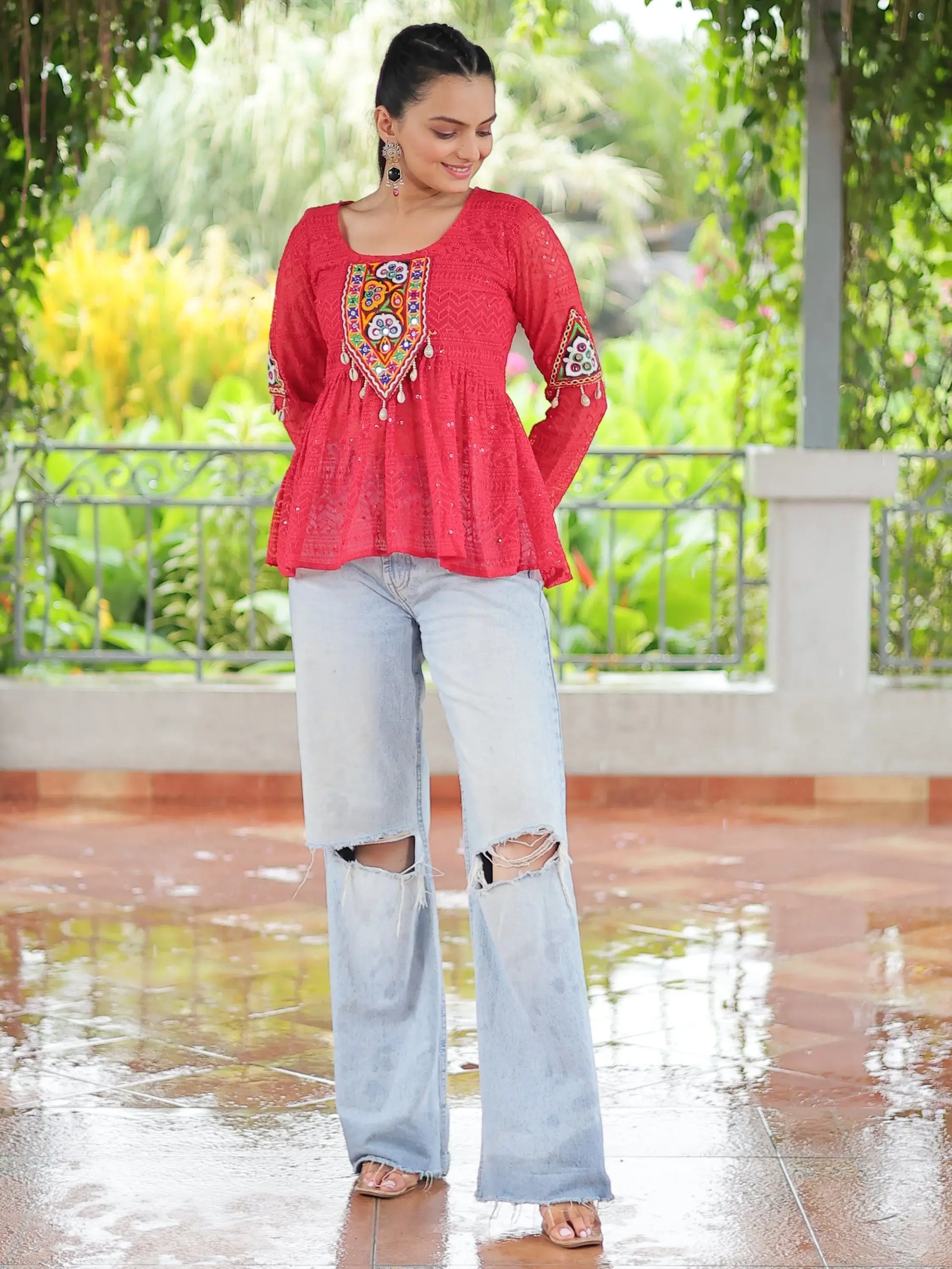 Fantastic Red Gamthi Work Georgette Festive Wear Peplum Style Top - Zeel Clothing