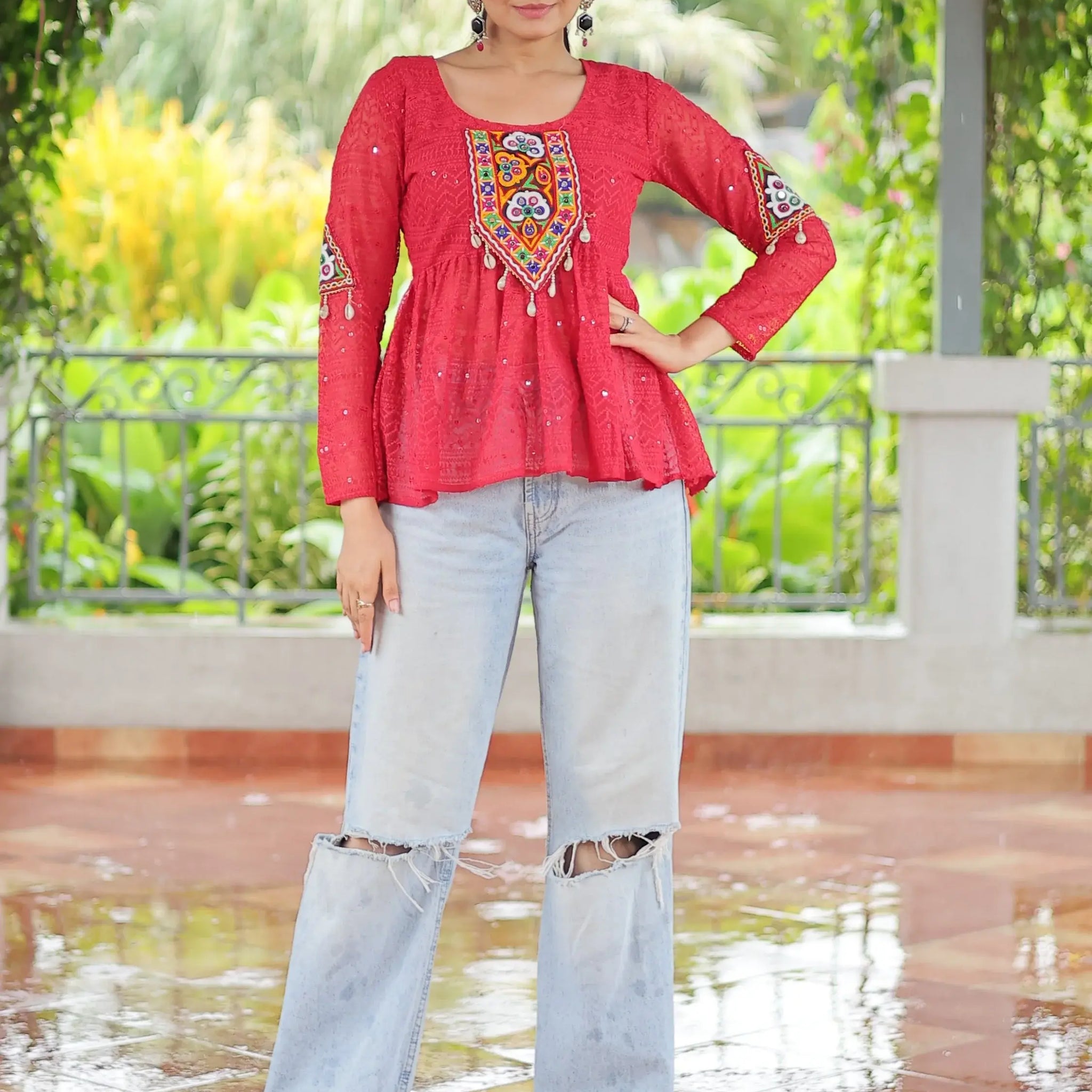 Fantastic Red Gamthi Work Georgette Festive Wear Peplum Style Top - Zeel Clothing