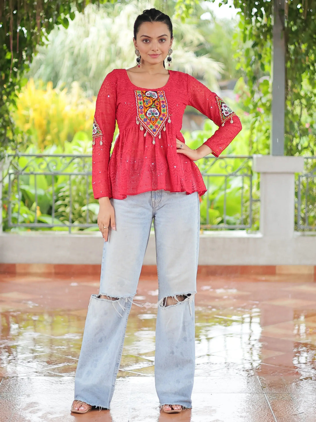 Fantastic Red Gamthi Work Georgette Festive Wear Peplum Style Top - Zeel Clothing