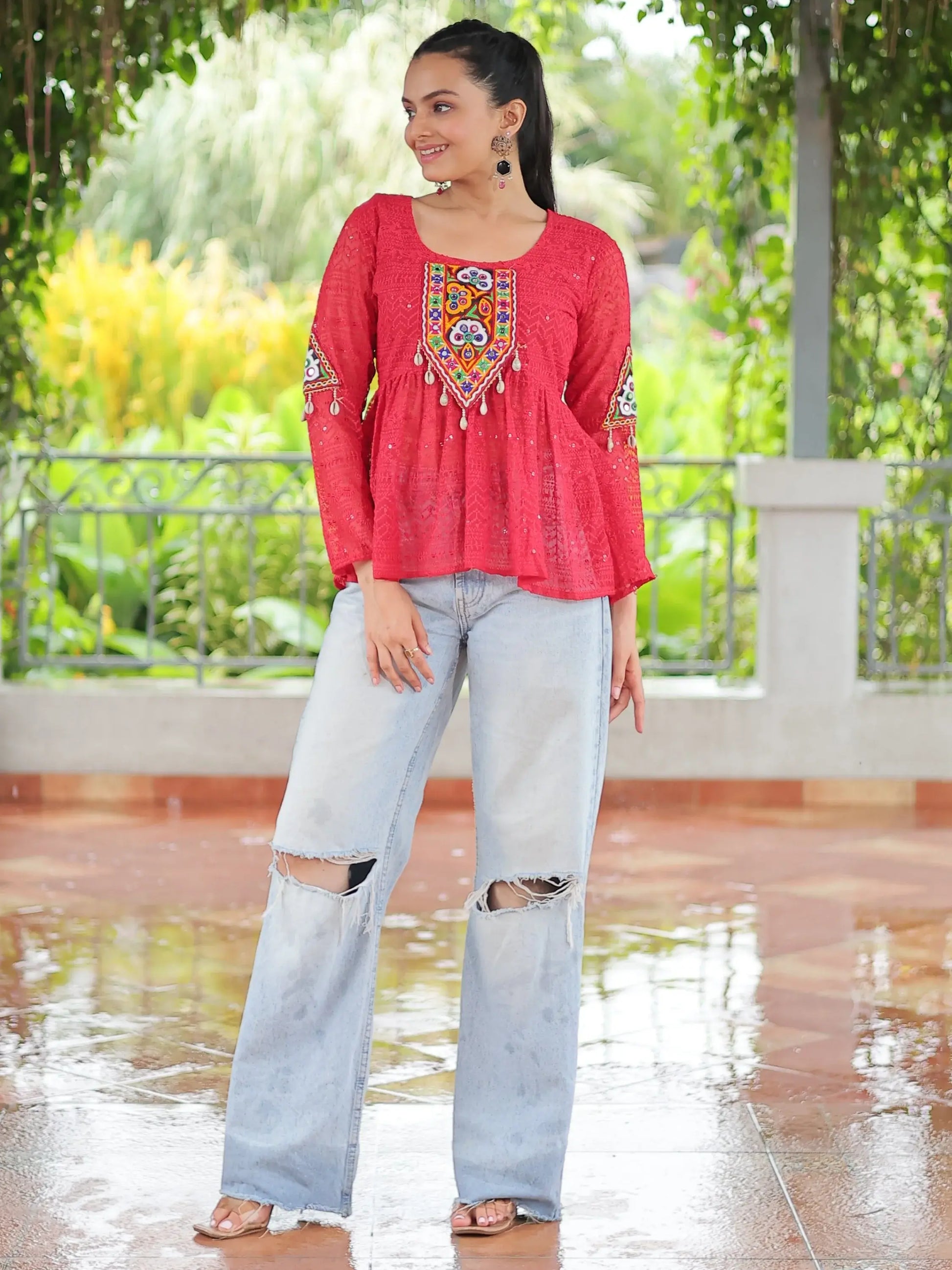 Fantastic Red Gamthi Work Georgette Festive Wear Peplum Style Top - Zeel Clothing