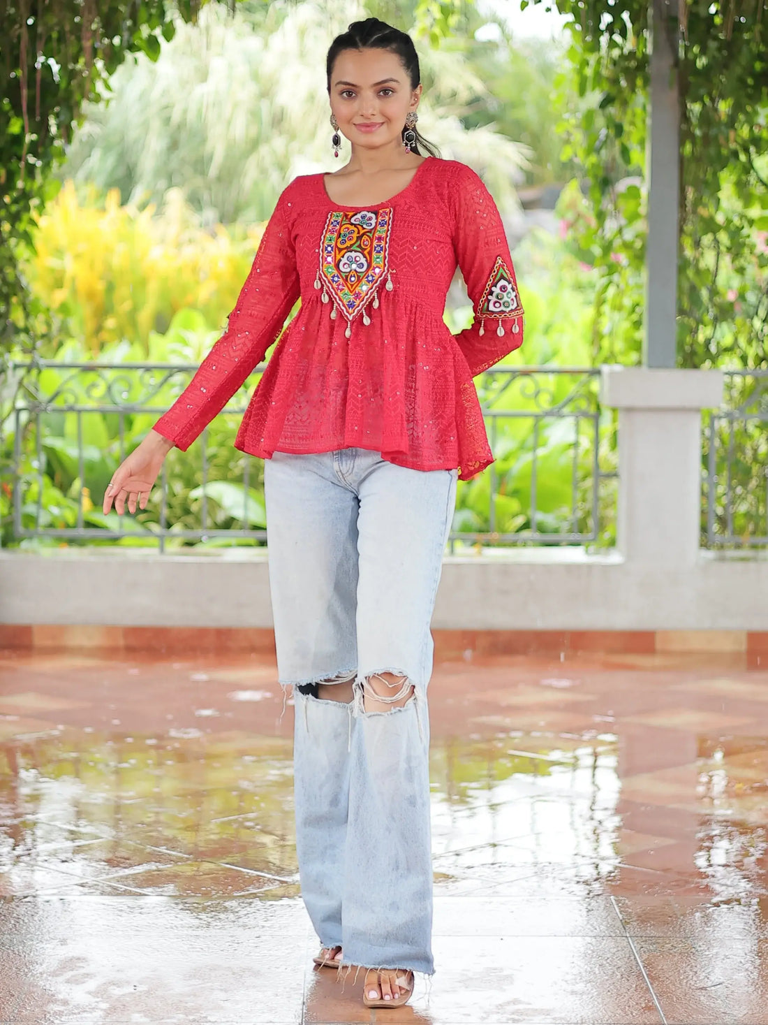 Fantastic Red Gamthi Work Georgette Festive Wear Peplum Style Top - Zeel Clothing