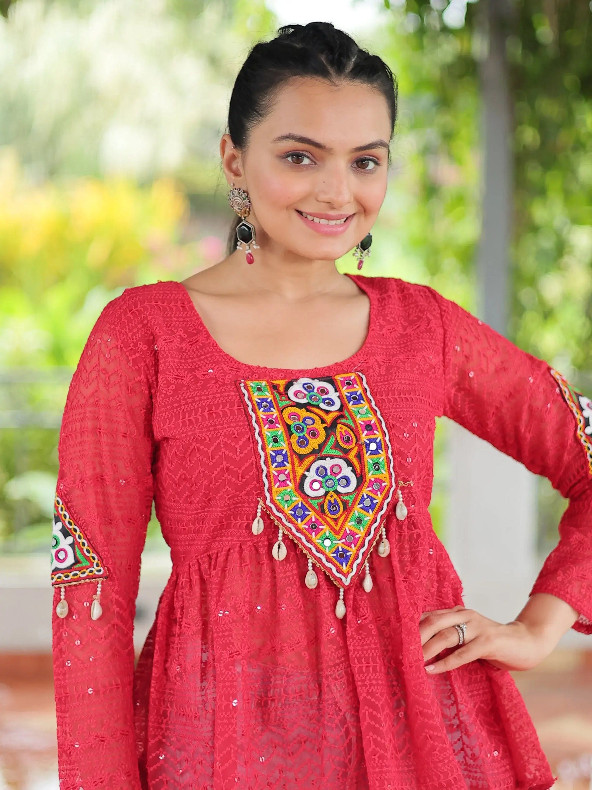 Fantastic Red Gamthi Work Georgette Festive Wear Peplum Style Top - Zeel Clothing