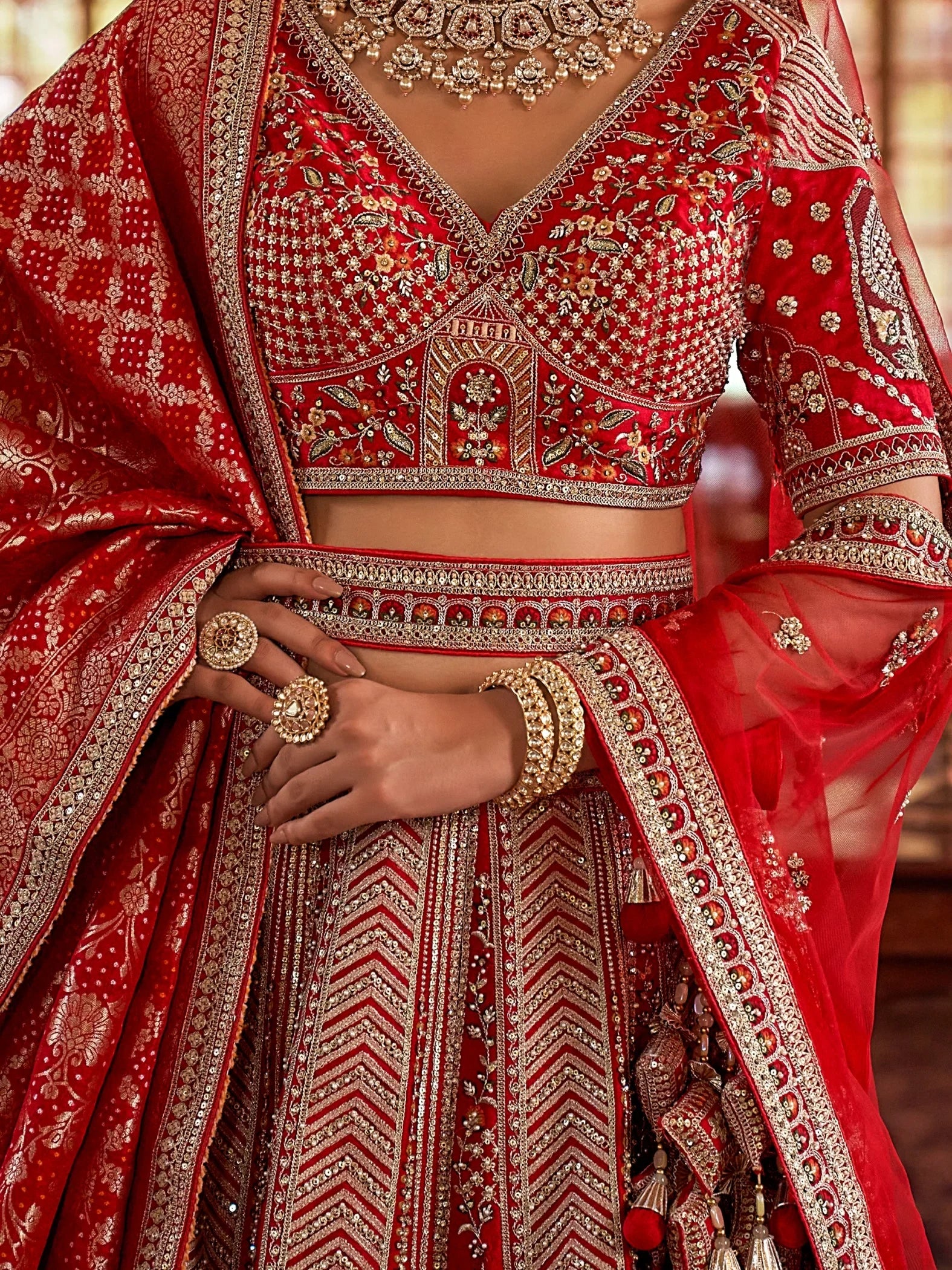 Fantastic Red Heavy Embroidered Silk Bridal Lehenga Choli With Double Dupatta