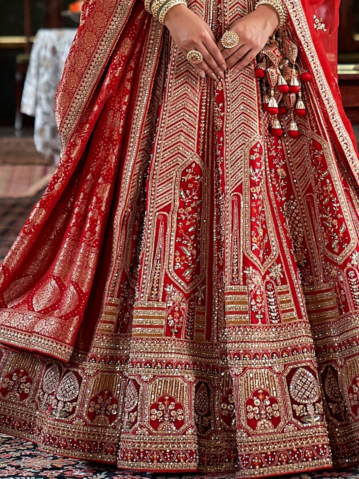 Fantastic Red Heavy Embroidered Silk Bridal Lehenga Choli With Double Dupatta