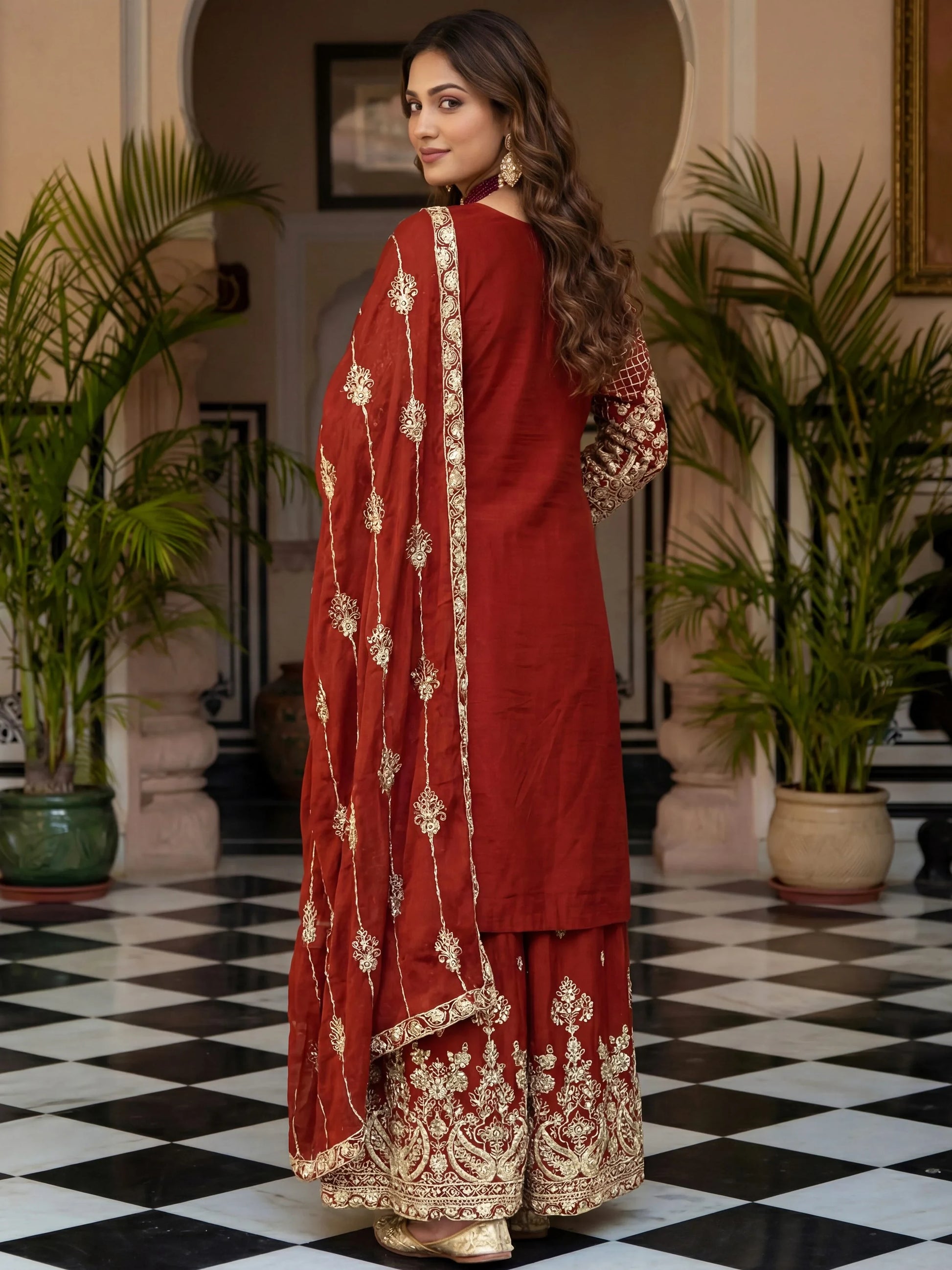 Fantastic Red Sequins Chinon Marriage Wear Palazzo Suit With Dupatta
