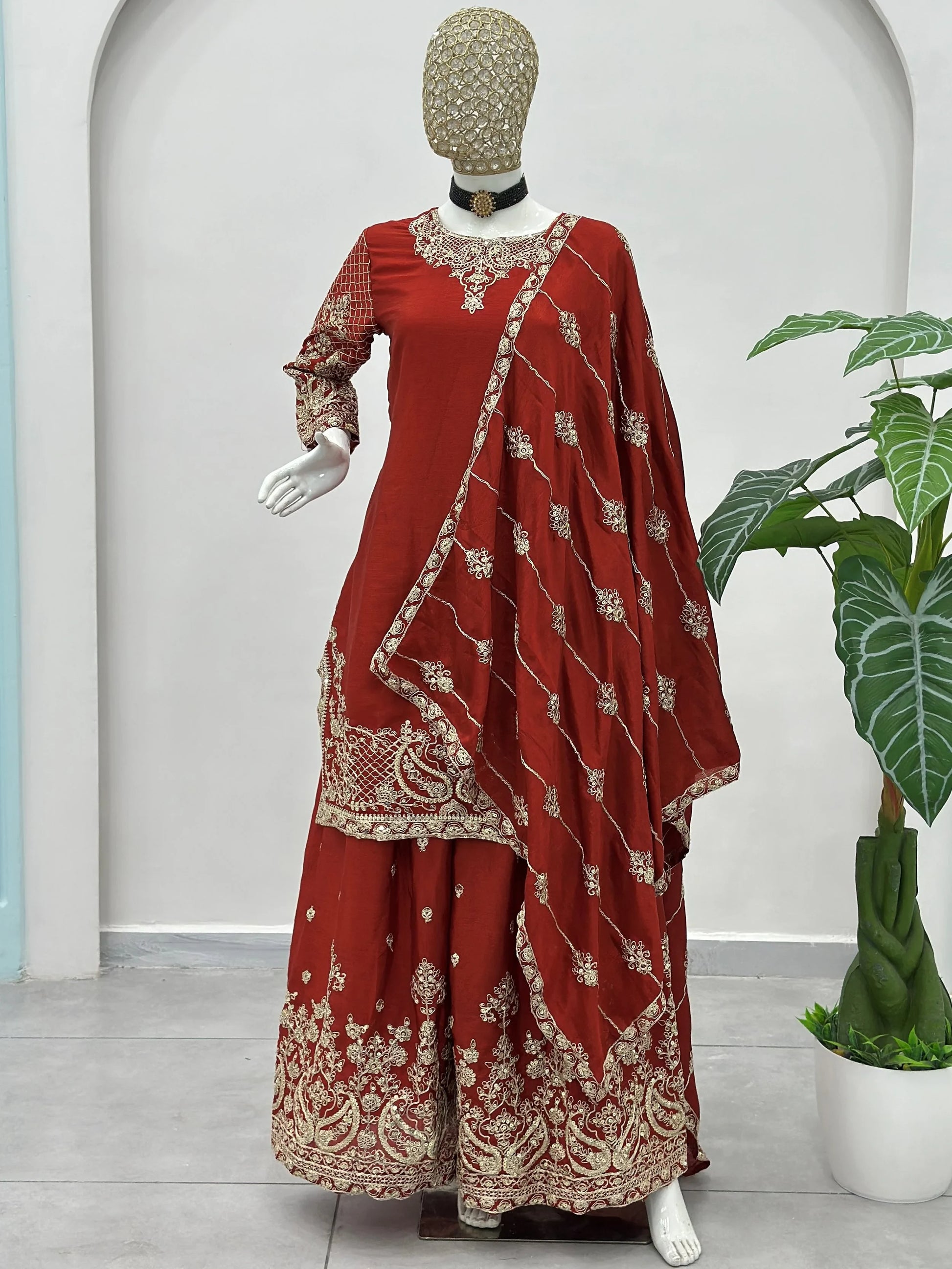 Fantastic Red Sequins Chinon Marriage Wear Palazzo Suit With Dupatta